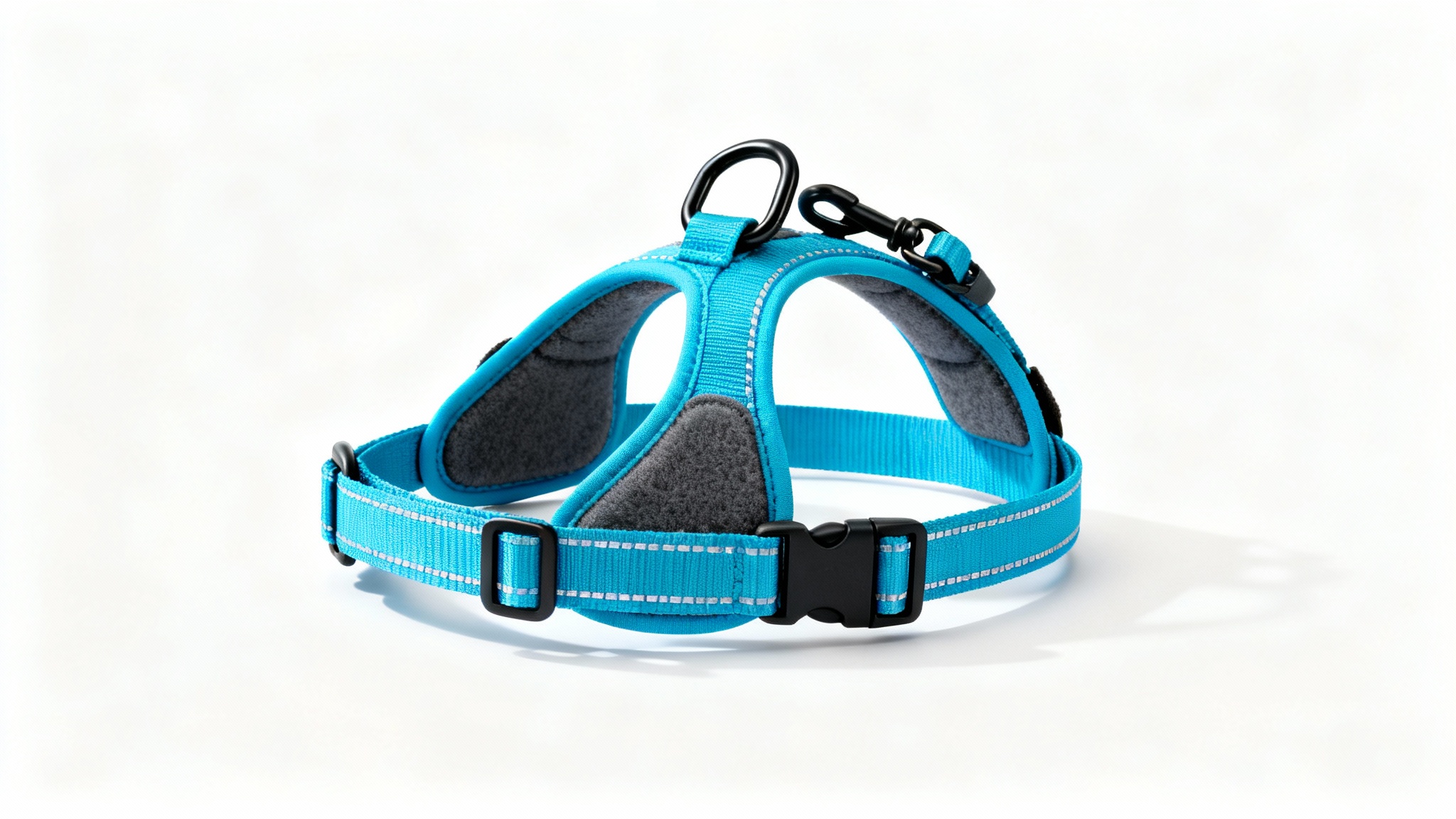A modern, cerulean blue dog harness with gray padding, laid flat in a product mockup style on a clean white background.