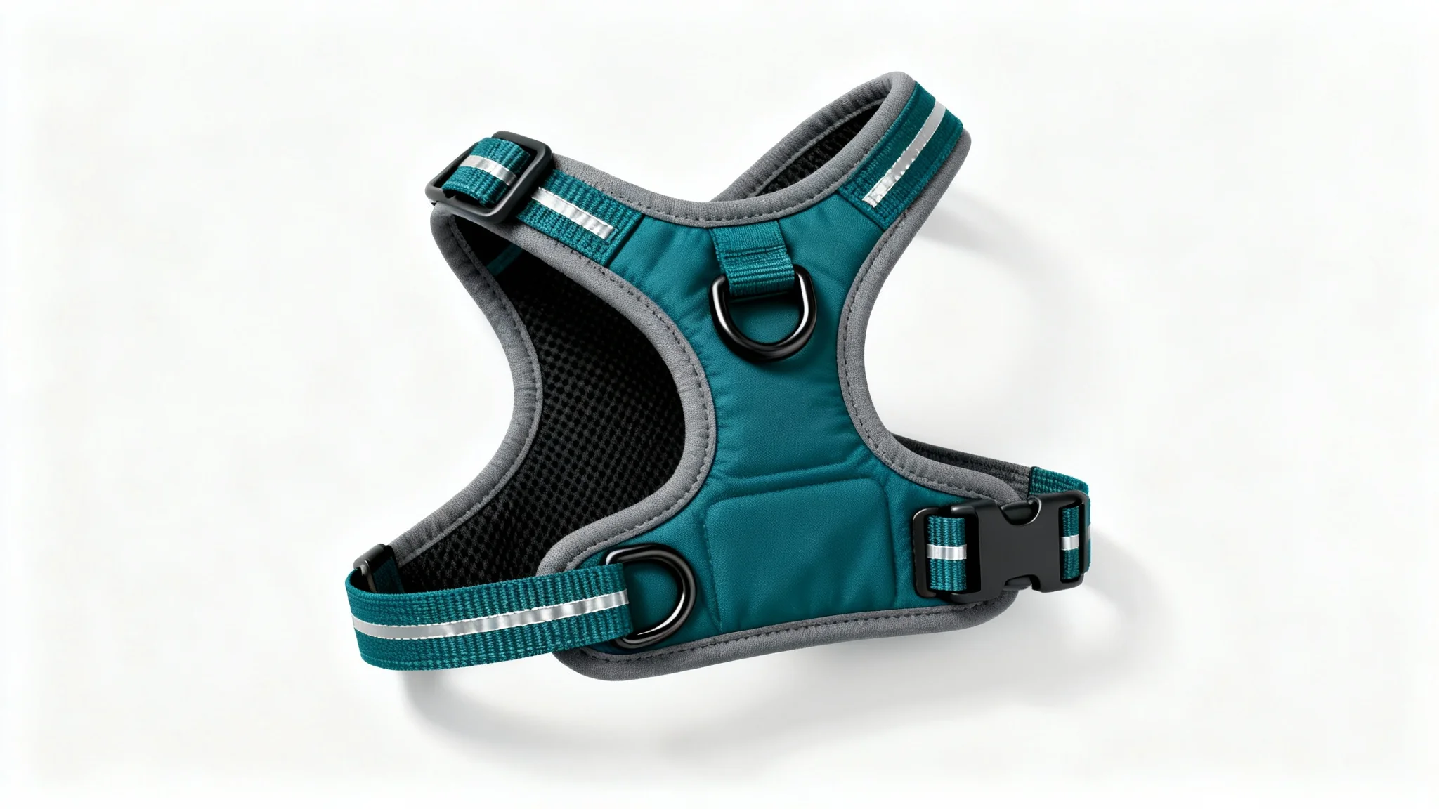 A modern dog harness in teal and charcoal gray, displayed flat against a white background. The mockup shows its padded mesh interior, matte black hardware, and reflective stitching.