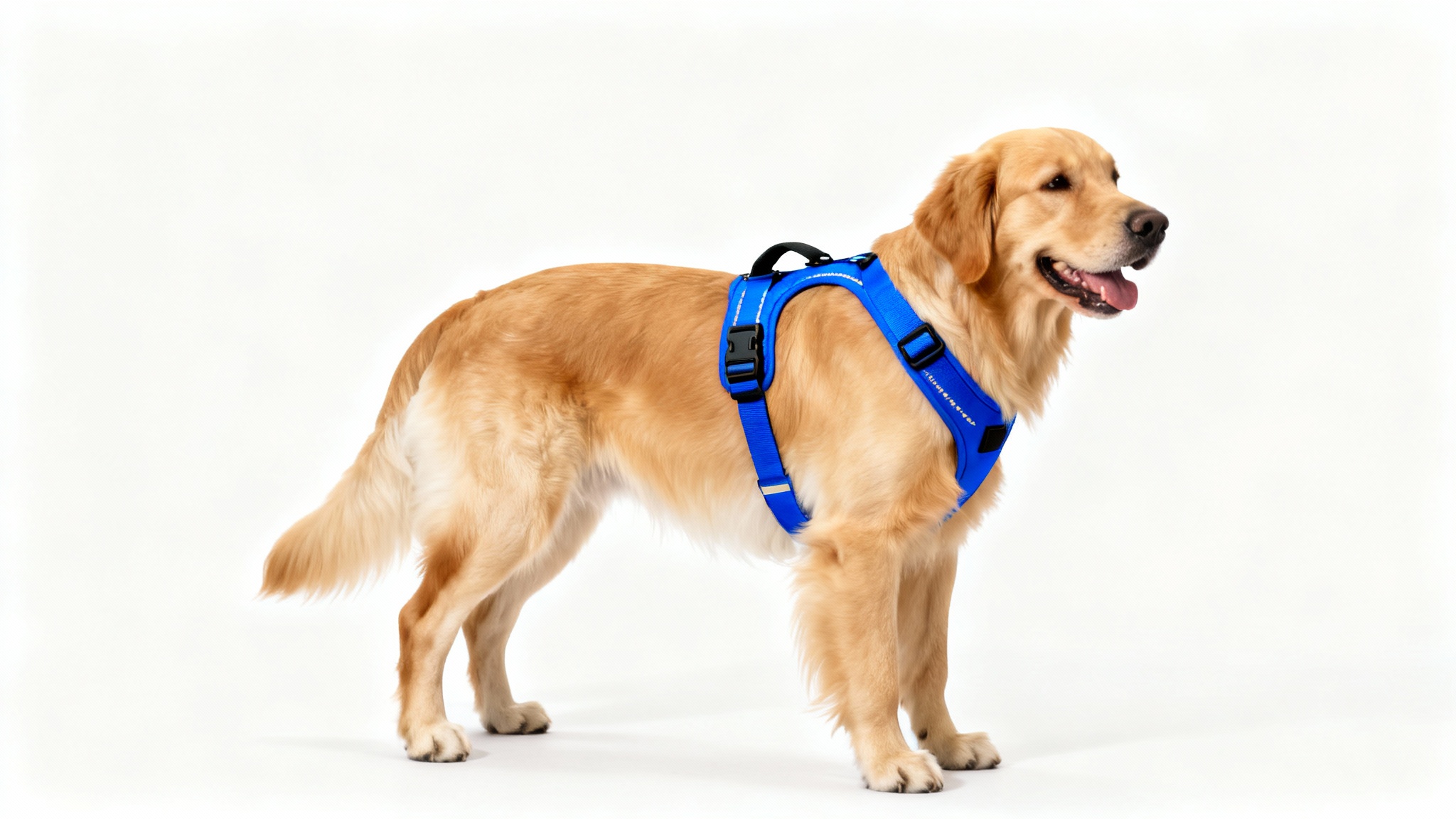 A happy Golden Retriever models a well-fitting, modern blue dog harness against a clean white background, showcasing the product in a studio setting.