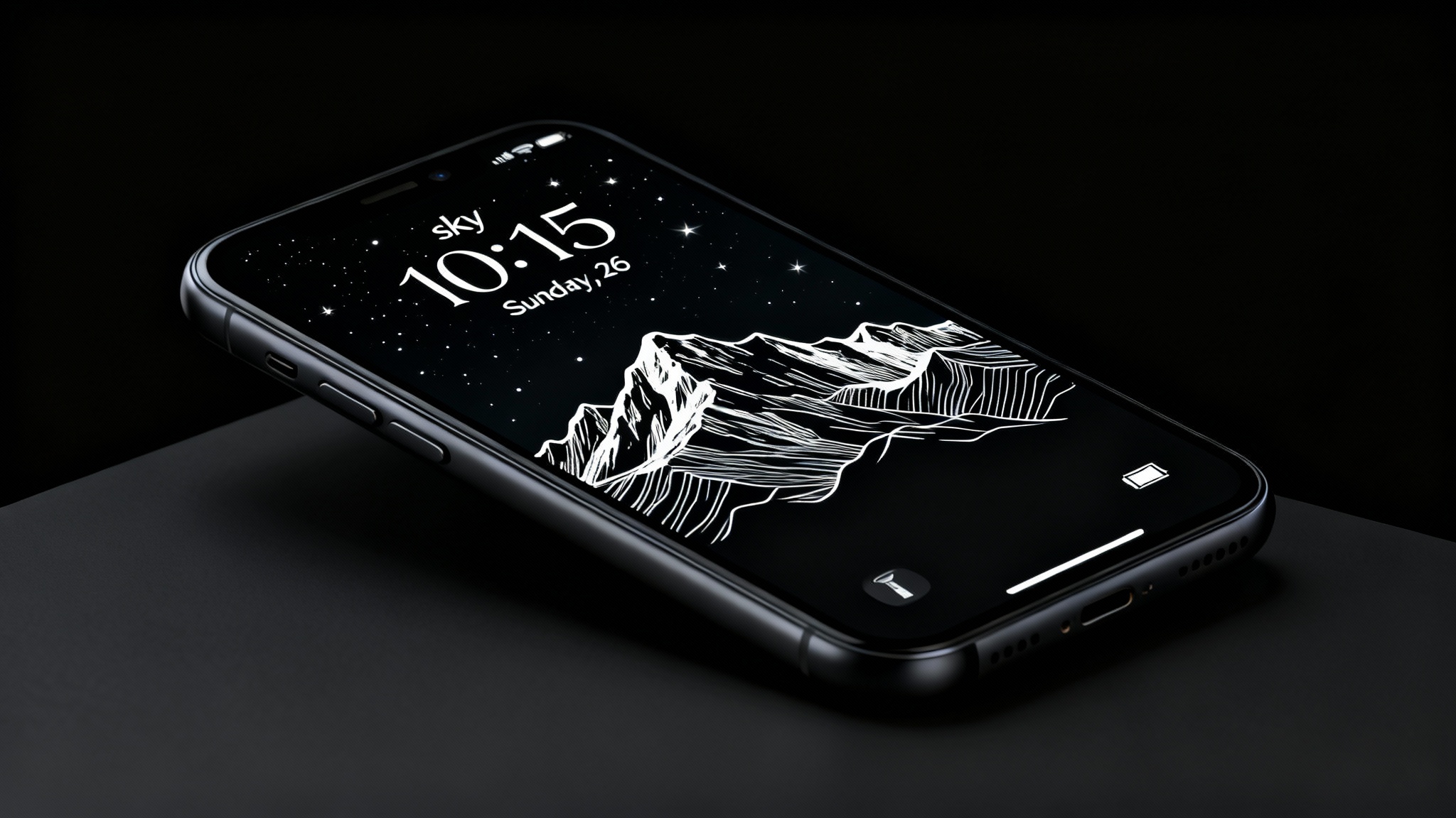 A close-up hero shot of a smartphone displaying a custom always-on display wallpaper featuring a minimalist white line art of a mountain range against a black screen, with the time and notifications elegantly integrated.