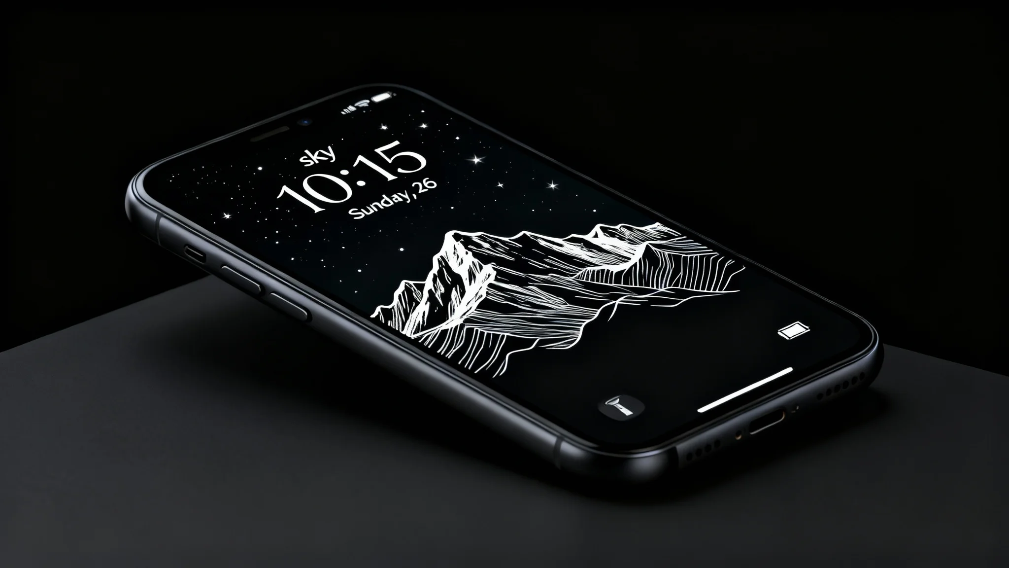 A close-up hero shot of a smartphone displaying a custom always-on display wallpaper featuring a minimalist white line art of a mountain range against a black screen, with the time and notifications elegantly integrated.