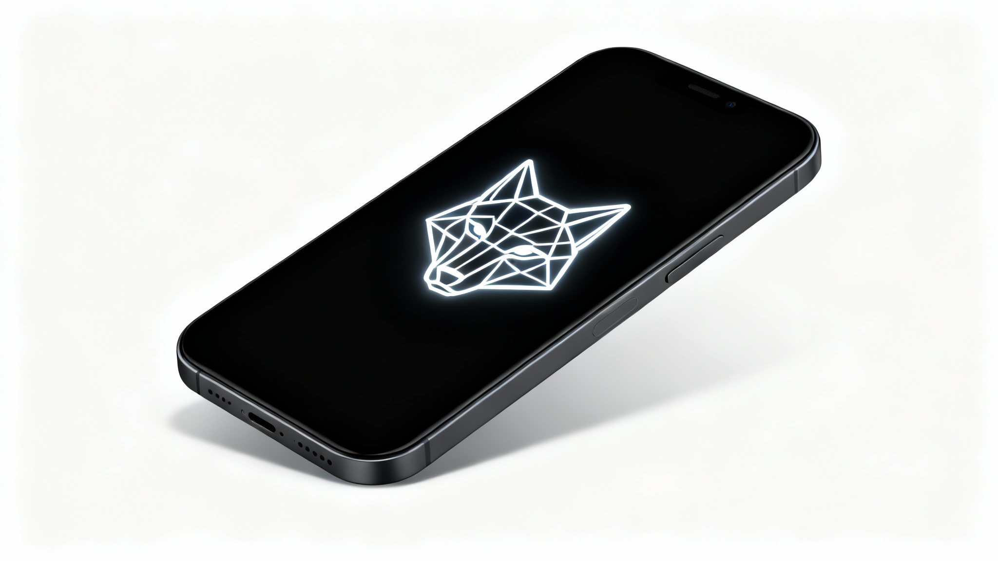 A modern smartphone angled on a white background, displaying a minimalist always-on wallpaper of a glowing geometric wolf head on its black screen.