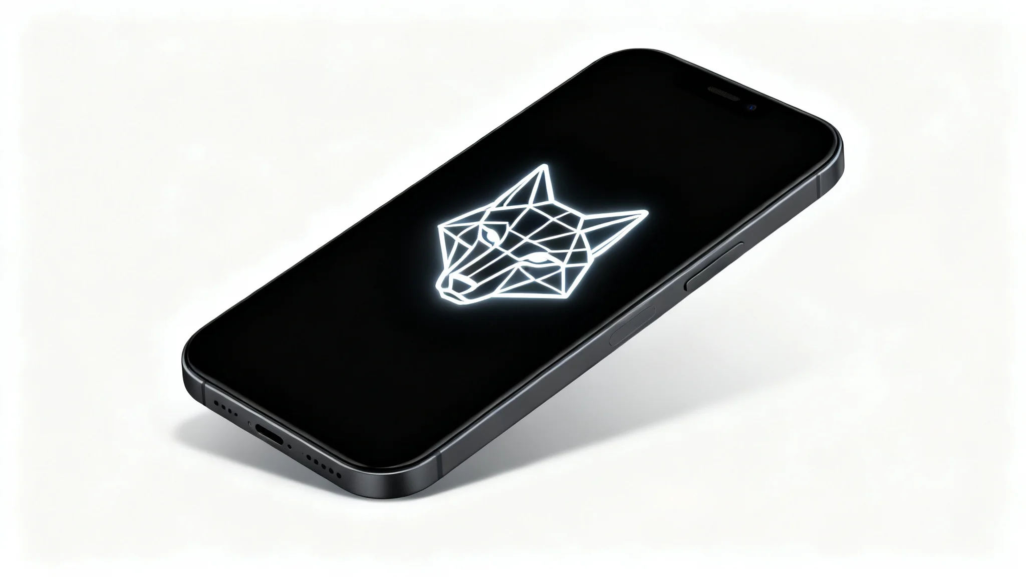 A modern smartphone angled on a white background, displaying a minimalist always-on wallpaper of a glowing geometric wolf head on its black screen.