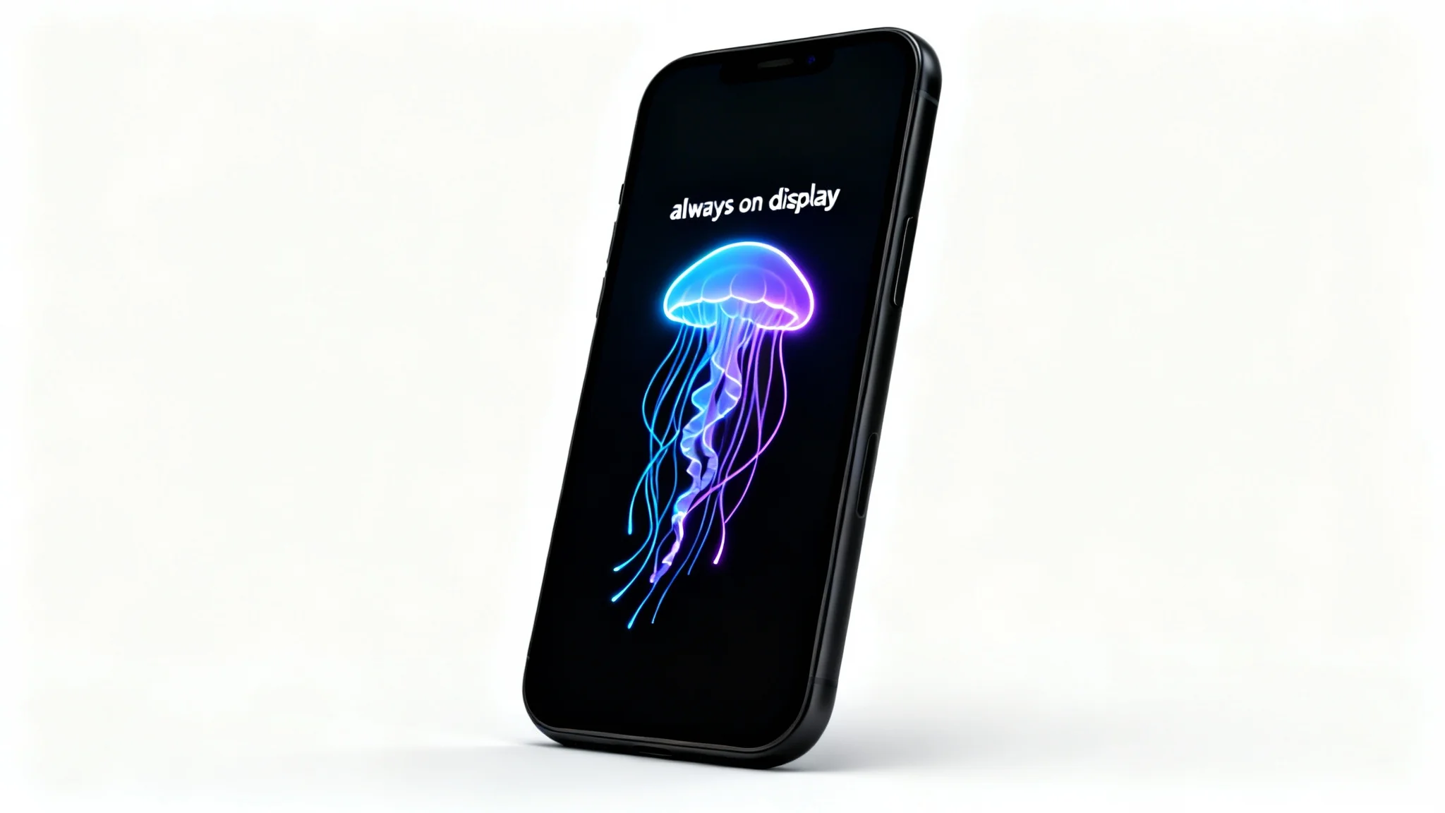 A modern black smartphone on a white background, its screen displaying a minimalist and glowing neon blue and purple jellyfish wallpaper designed for an always-on display.