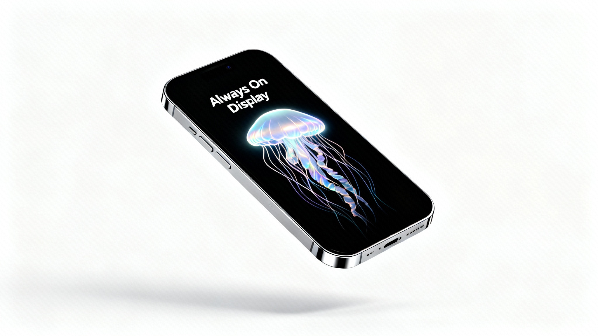 A photorealistic mockup of a sleek smartphone displaying a minimalist 'Always On Display' wallpaper of a glowing line-art jellyfish on its black screen, set against a plain white background.
