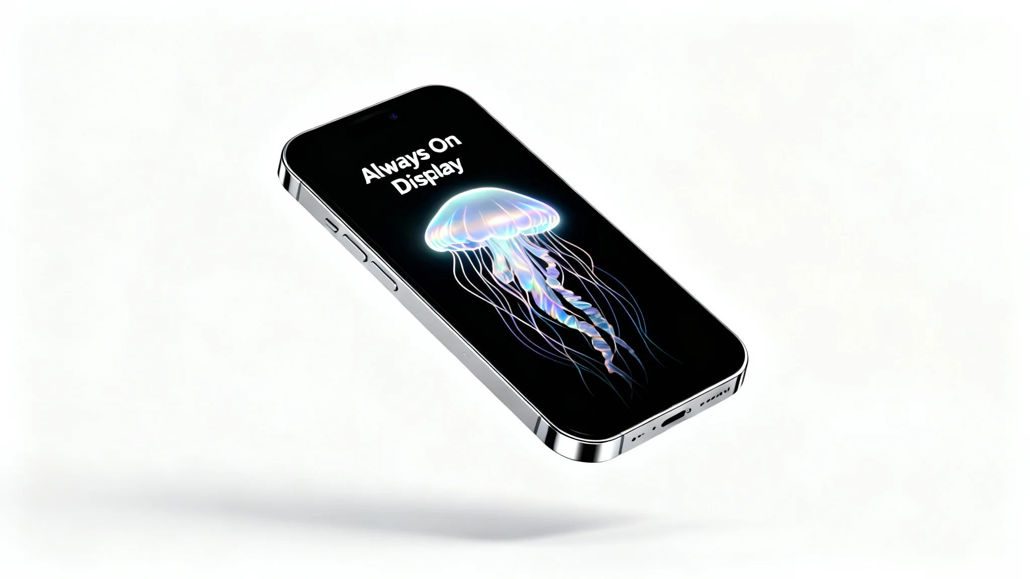 A photorealistic mockup of a sleek smartphone displaying a minimalist 'Always On Display' wallpaper of a glowing line-art jellyfish on its black screen, set against a plain white background.