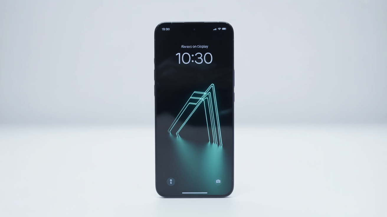 A modern black smartphone on a white background, displaying a minimalist always-on display wallpaper of a glowing blue geometric pattern and a digital clock.