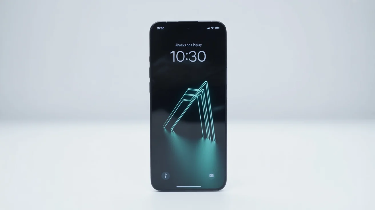 A modern black smartphone on a white background, displaying a minimalist always-on display wallpaper of a glowing blue geometric pattern and a digital clock.