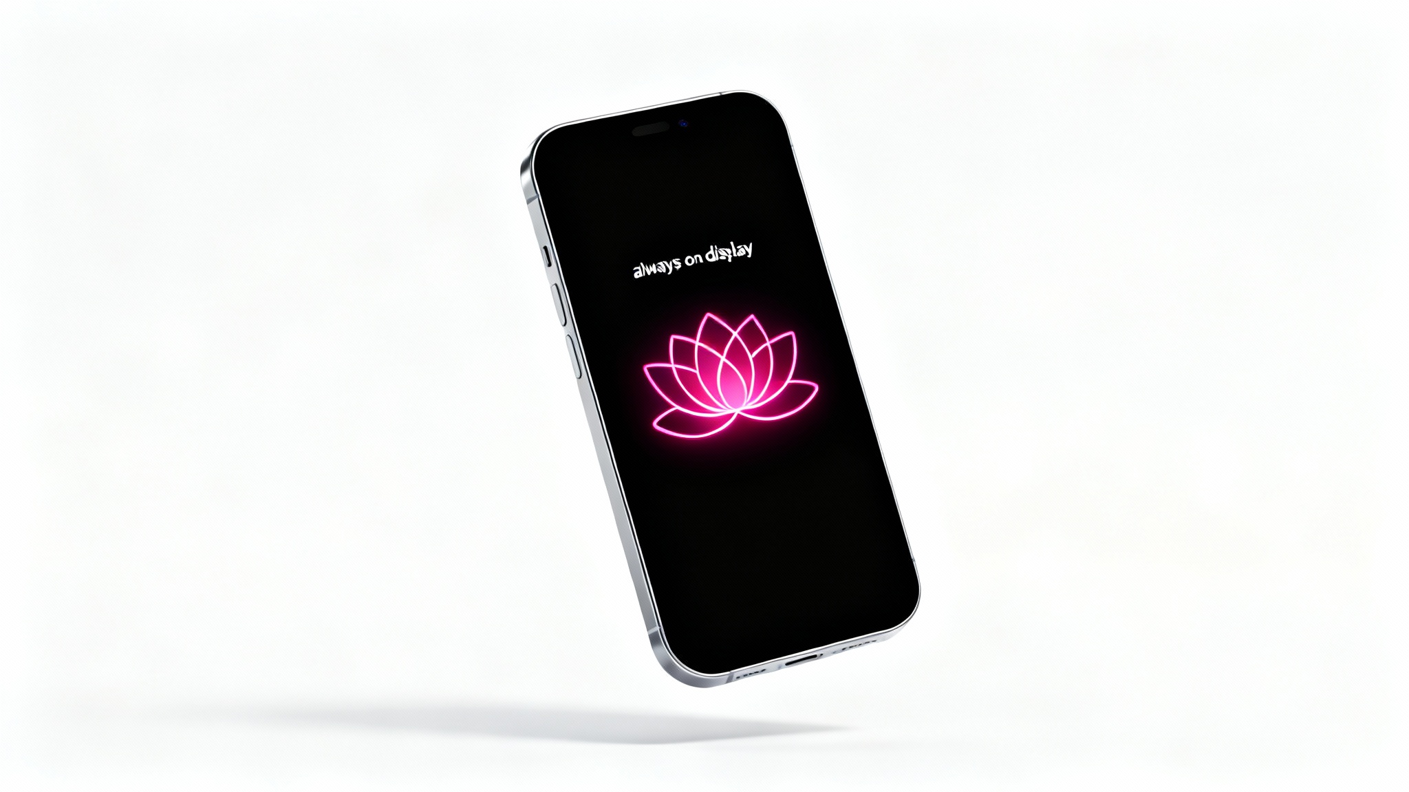 A sleek, modern smartphone displaying a minimalist 'always on display' wallpaper featuring a glowing magenta lotus flower on a black screen, floating against a white background.