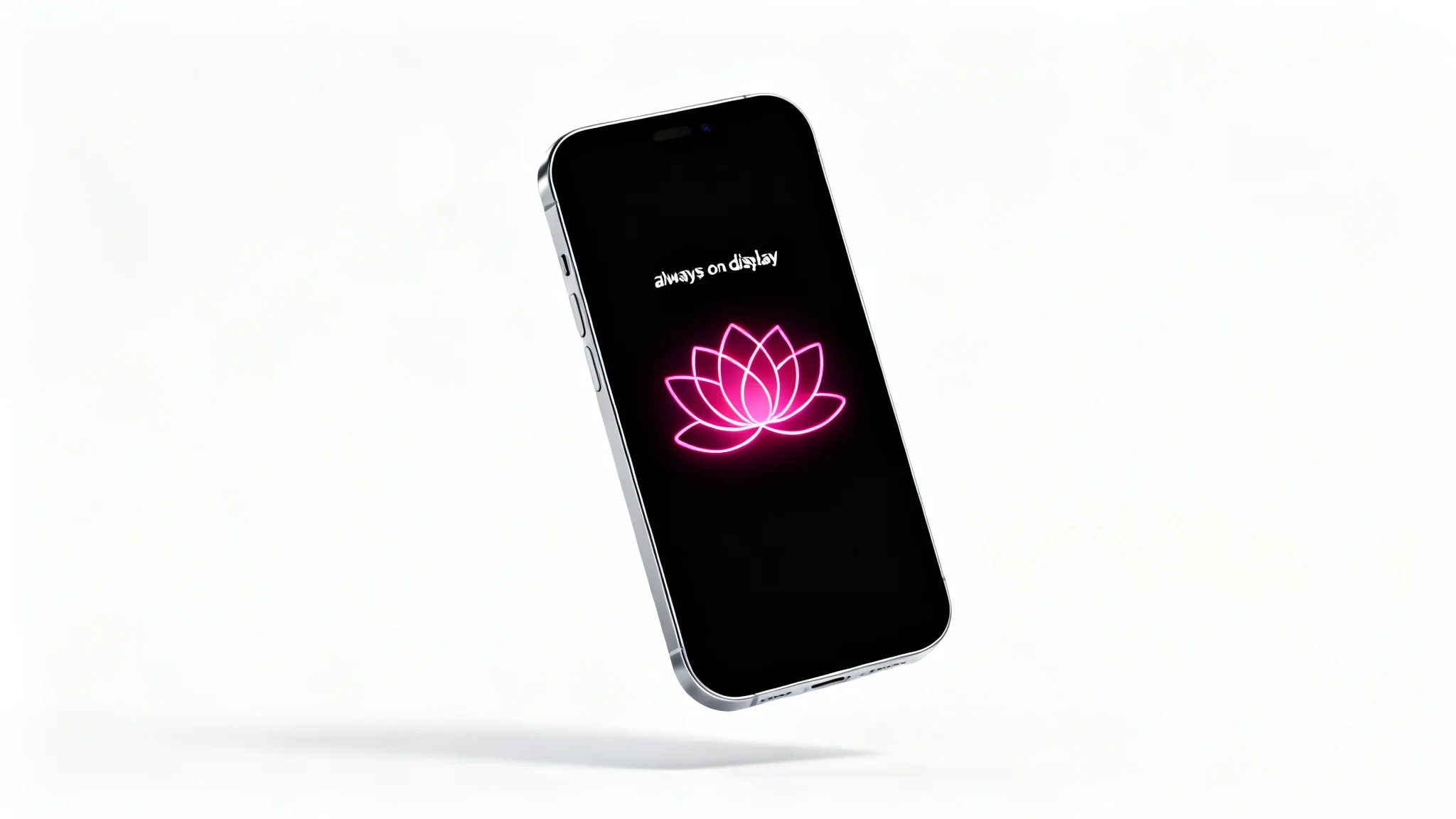 A sleek, modern smartphone displaying a minimalist 'always on display' wallpaper featuring a glowing magenta lotus flower on a black screen, floating against a white background.