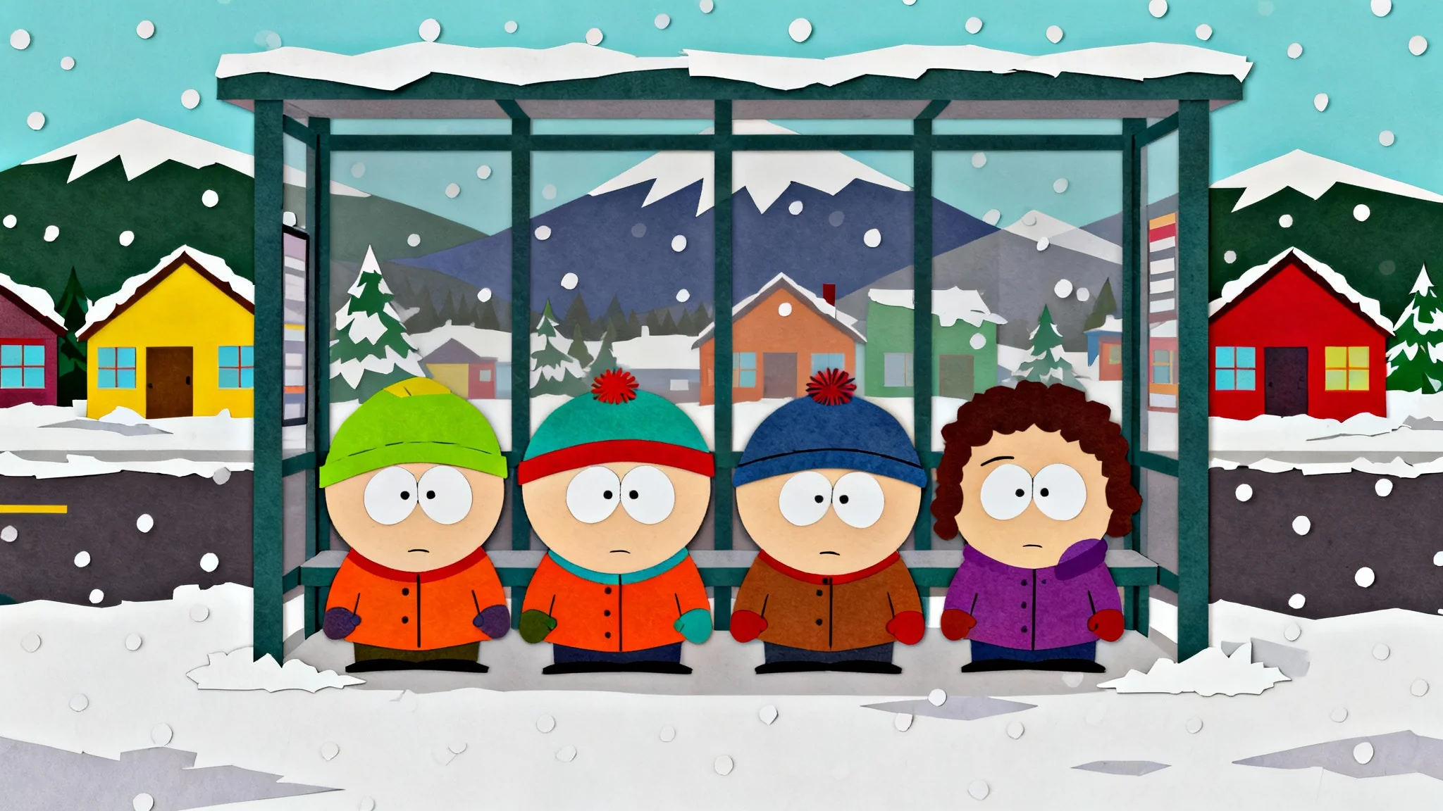 A group of four custom-made characters designed in the South Park animation style, waiting at a snowy bus stop in the town of South Park.