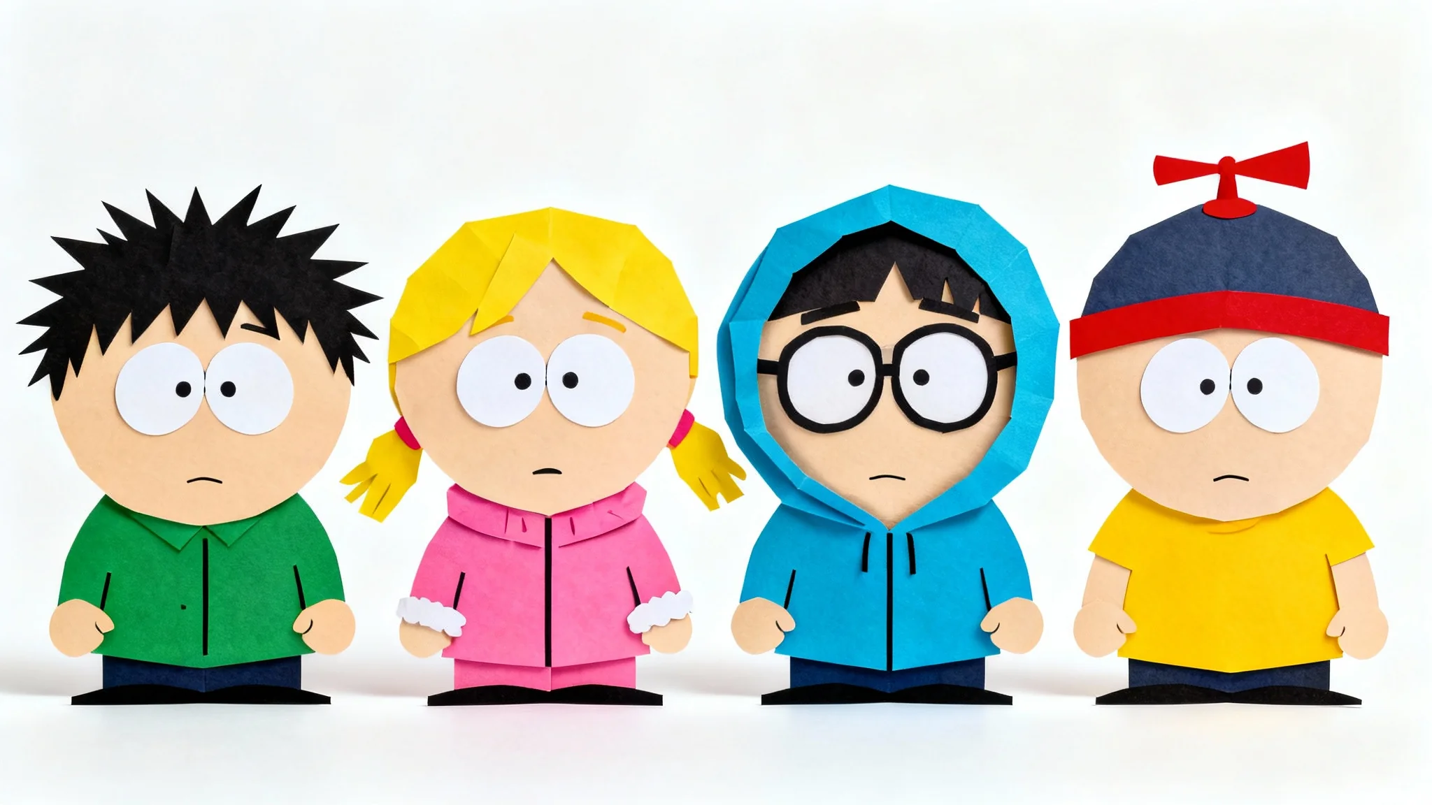 A lineup of four custom characters created in the distinct, paper-cutout art style of the TV show South Park, standing against a plain white background.