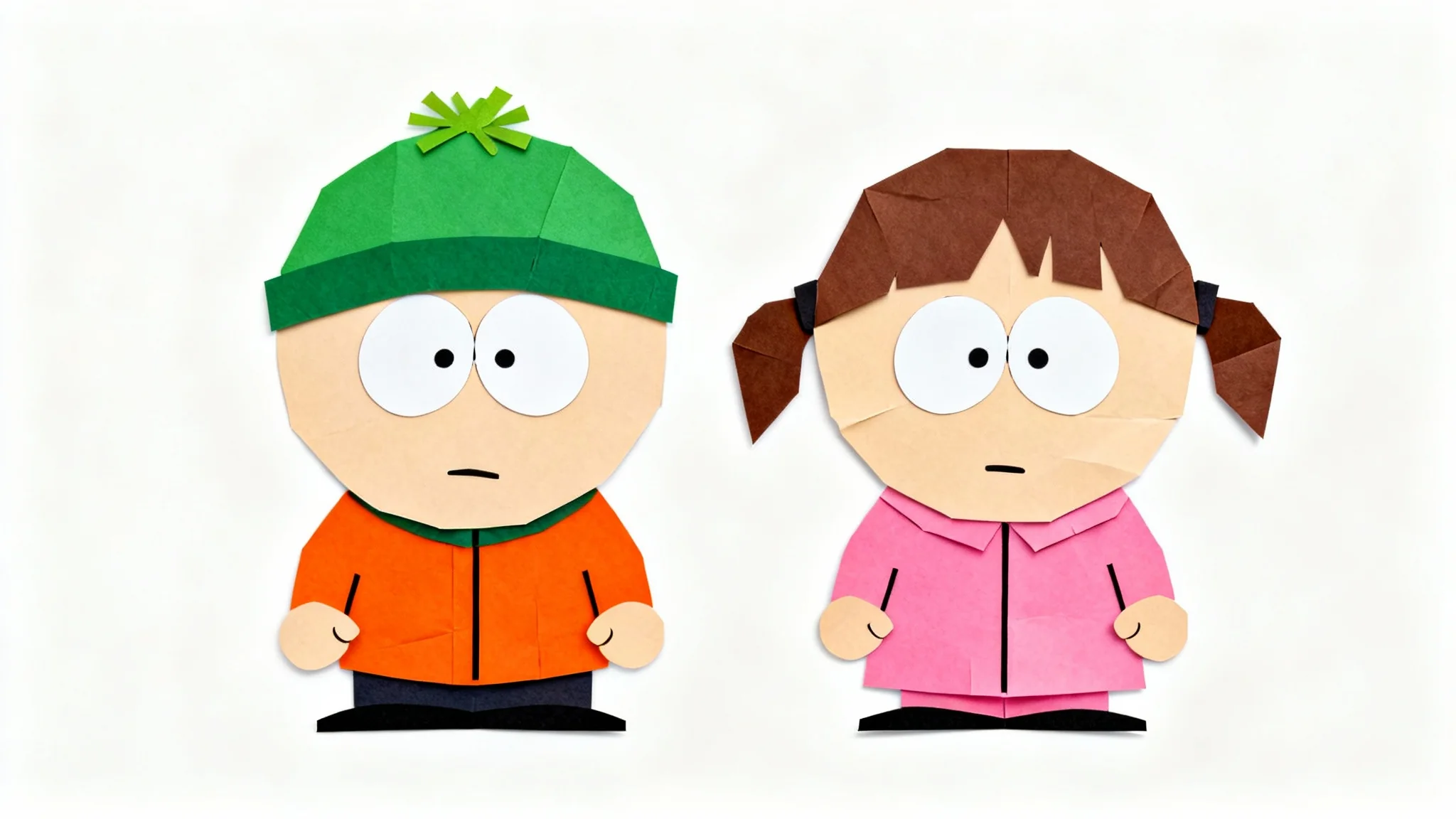 Two original characters designed in the paper cutout animation style of South Park, a boy in a green beanie and a girl with pigtails, standing against a white background.
