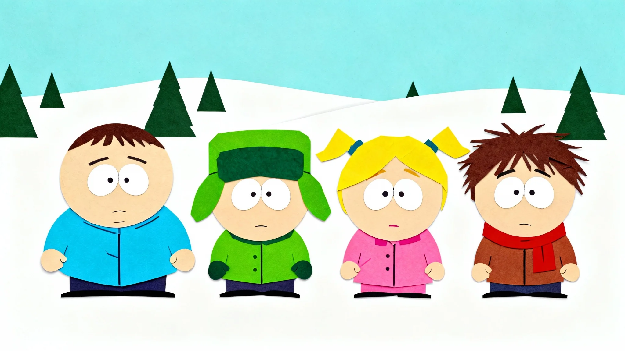Four cartoon characters designed in the distinct, construction-paper cutout style of South Park, standing in a snowy landscape, representing the South Park art style.