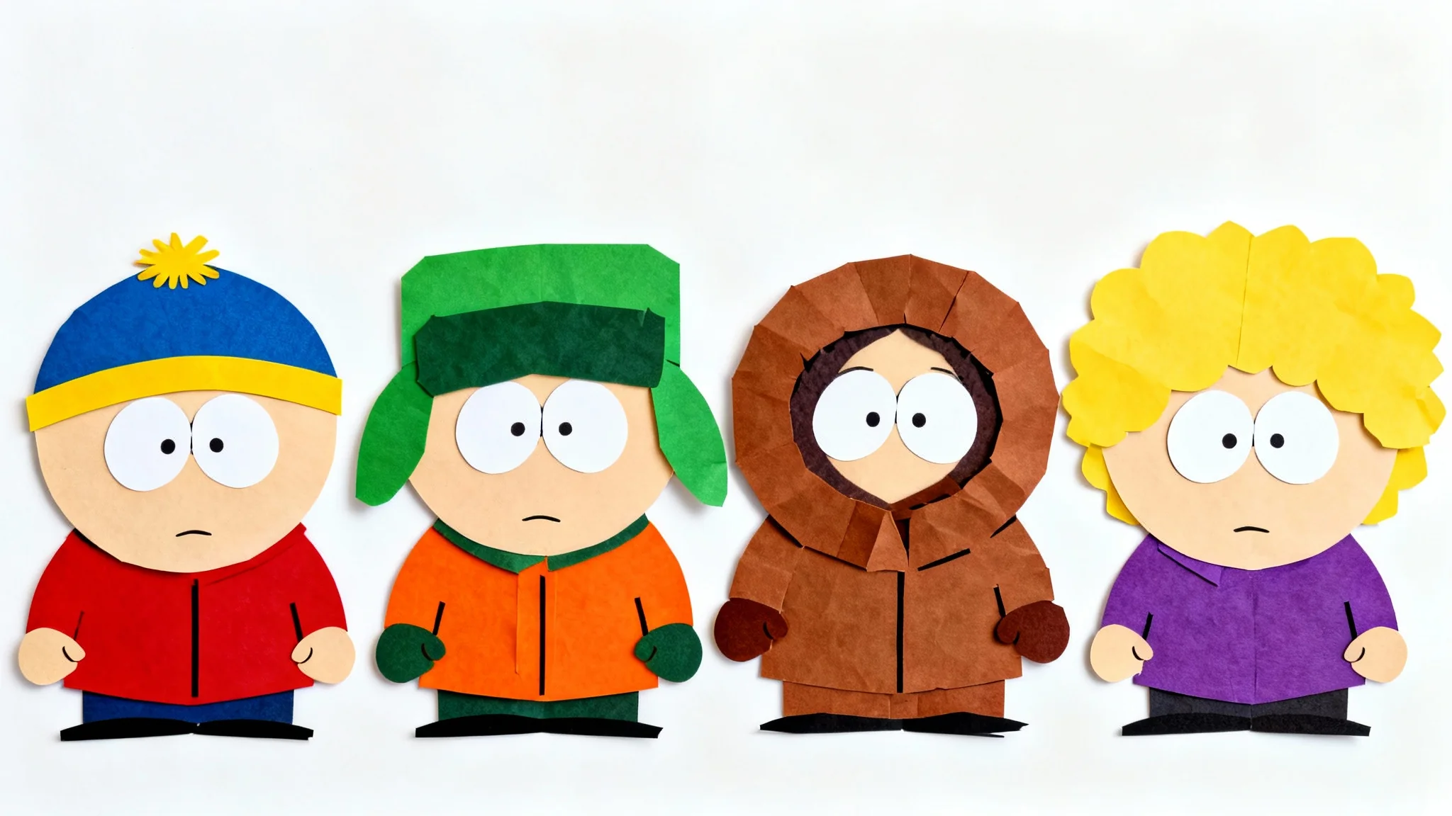 Four cartoon characters designed in the South Park art style, standing together on a clean white background as a mockup.
