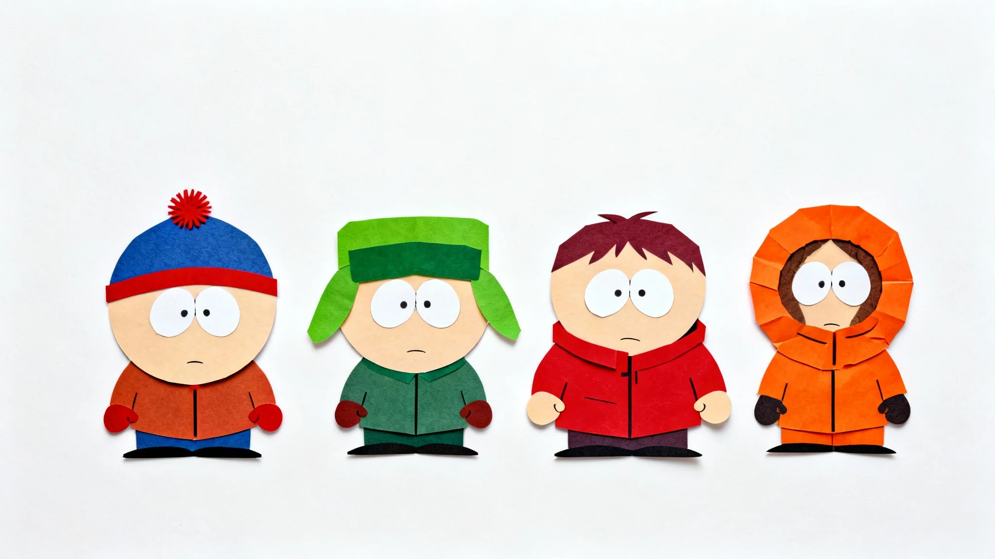 A digital illustration of four characters in the South Park art style, resembling construction paper cutouts with simple shapes and winter clothes, standing against a plain white background.