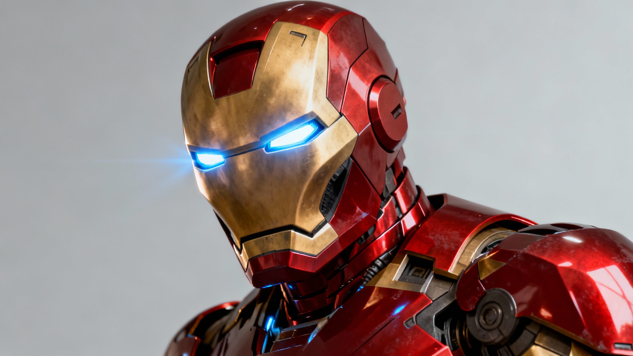 A highly detailed, photorealistic digital illustration of the Iron Man mask in its classic red and gold colors, with glowing blue eyes, against a clean light gray background.
