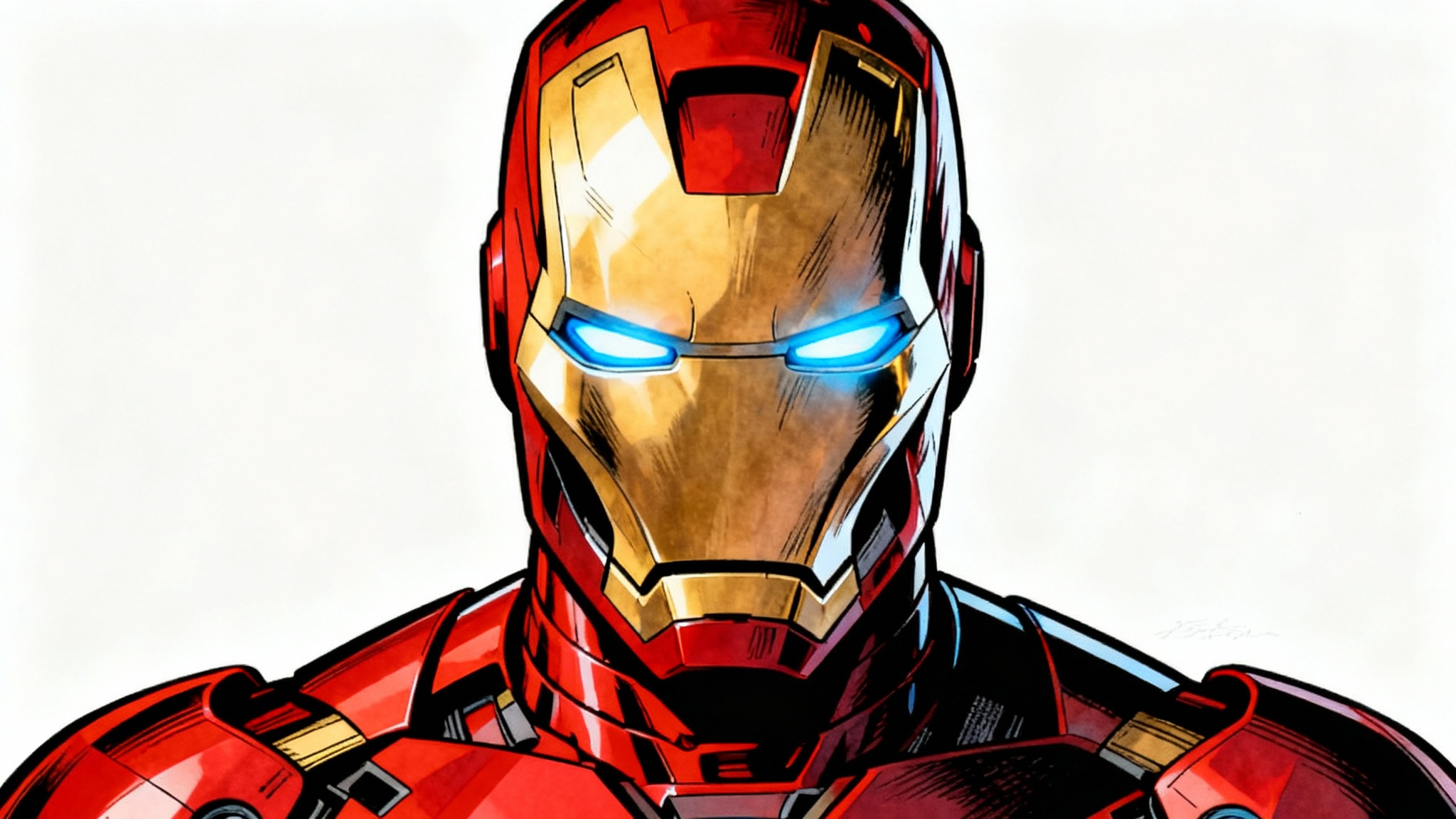 A comic book style drawing of Iron Man's mask in vibrant red and gold with glowing blue eyes, presented on a piece of paper against a plain white background.