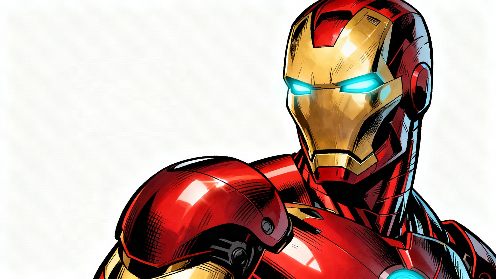 A detailed comic book style drawing of Iron Man's red and gold mask with glowing blue eyes, presented from a three-quarter angle against a plain white background.