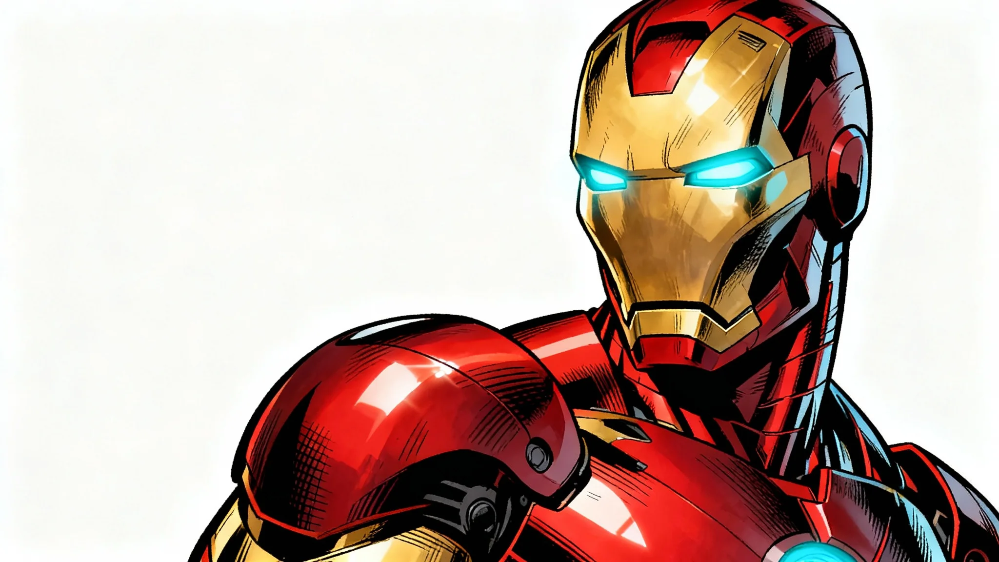 A detailed comic book style drawing of Iron Man's red and gold mask with glowing blue eyes, presented from a three-quarter angle against a plain white background.