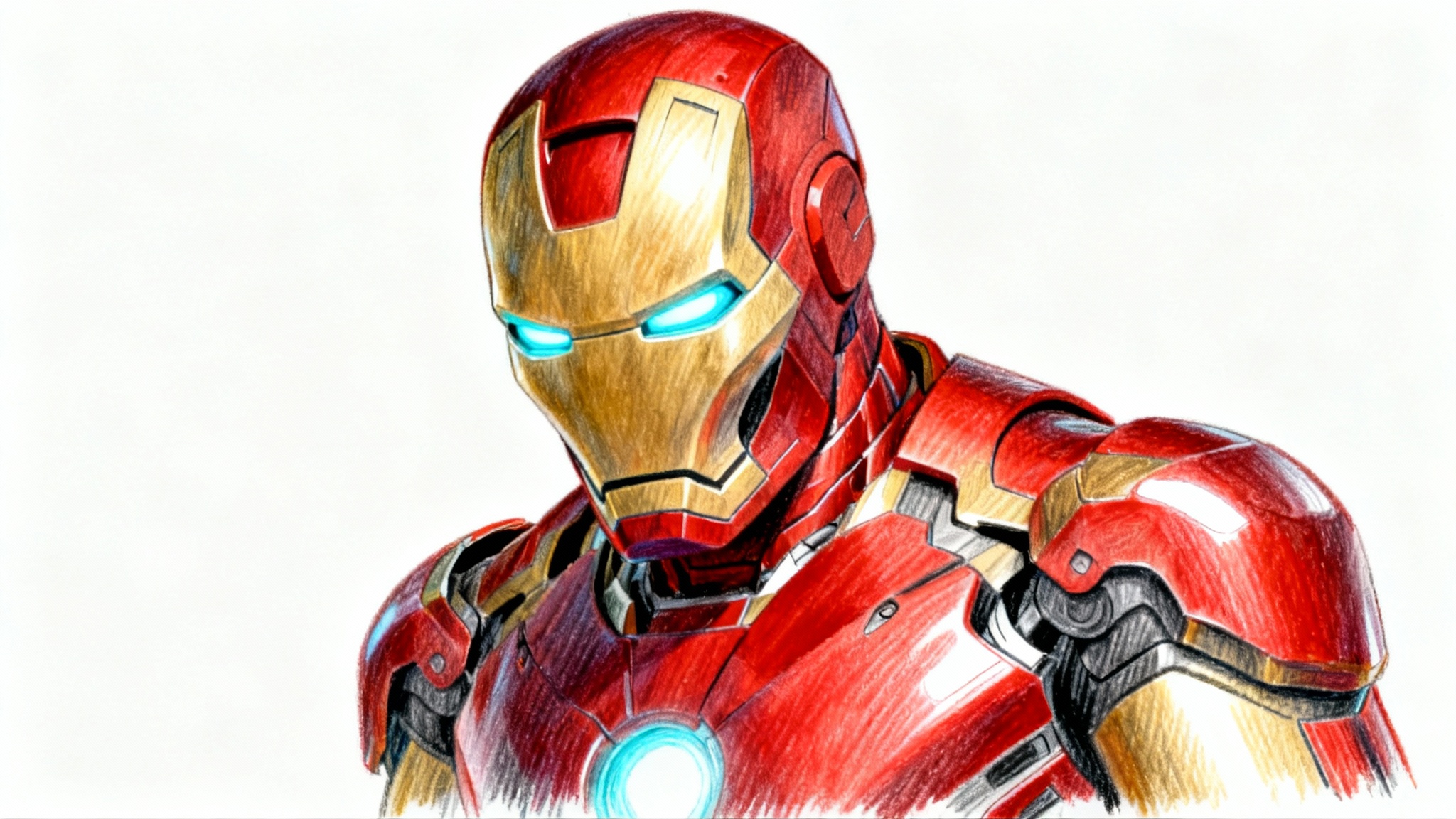 A realistic colored pencil drawing of Iron Man's classic red and gold mask, viewed from the side with glowing blue eyes, on a white background.