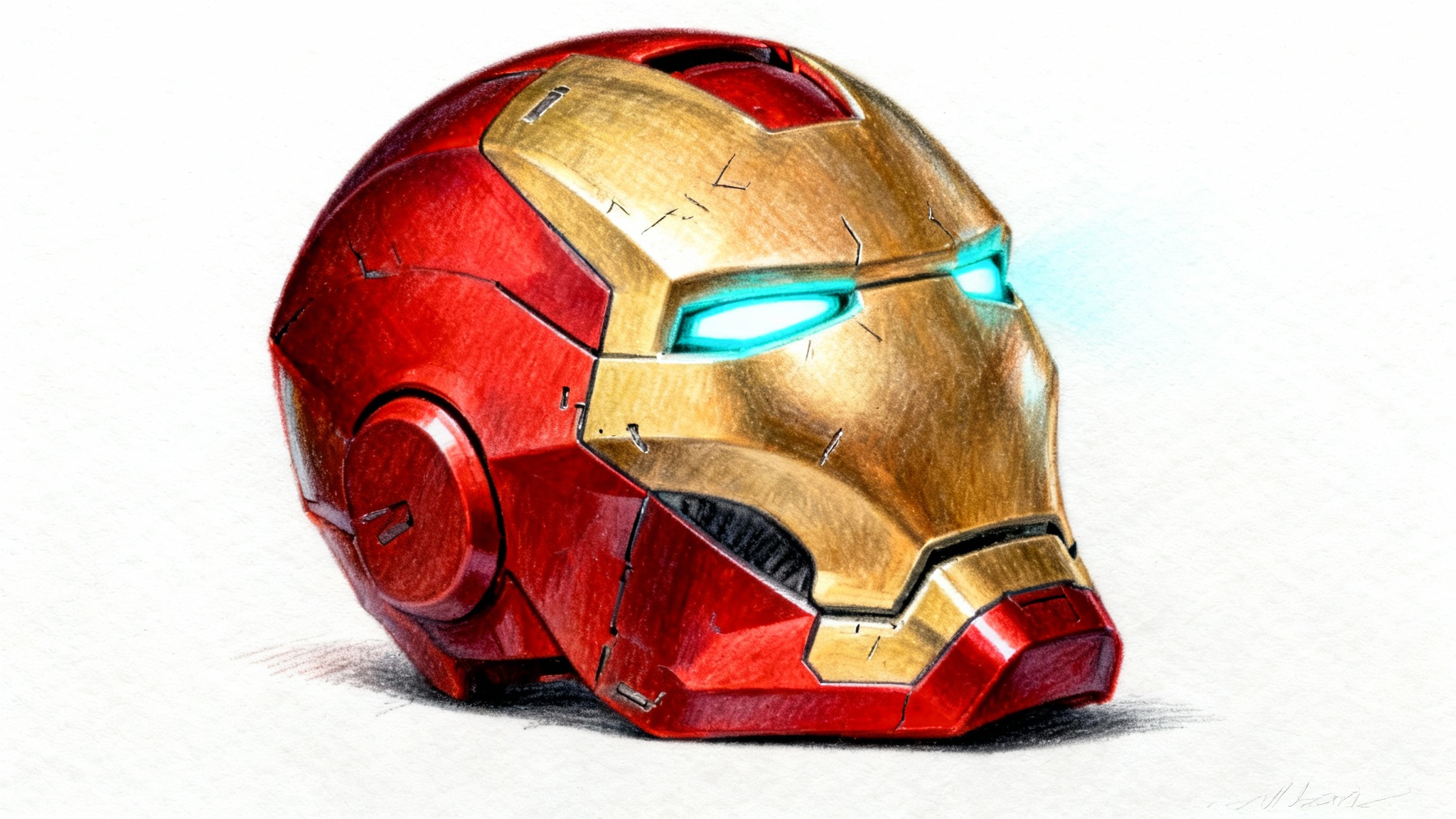 A highly realistic color drawing of the Iron Man mask in red and gold, featuring glowing blue eyes, depicted on a piece of paper against a plain white background.