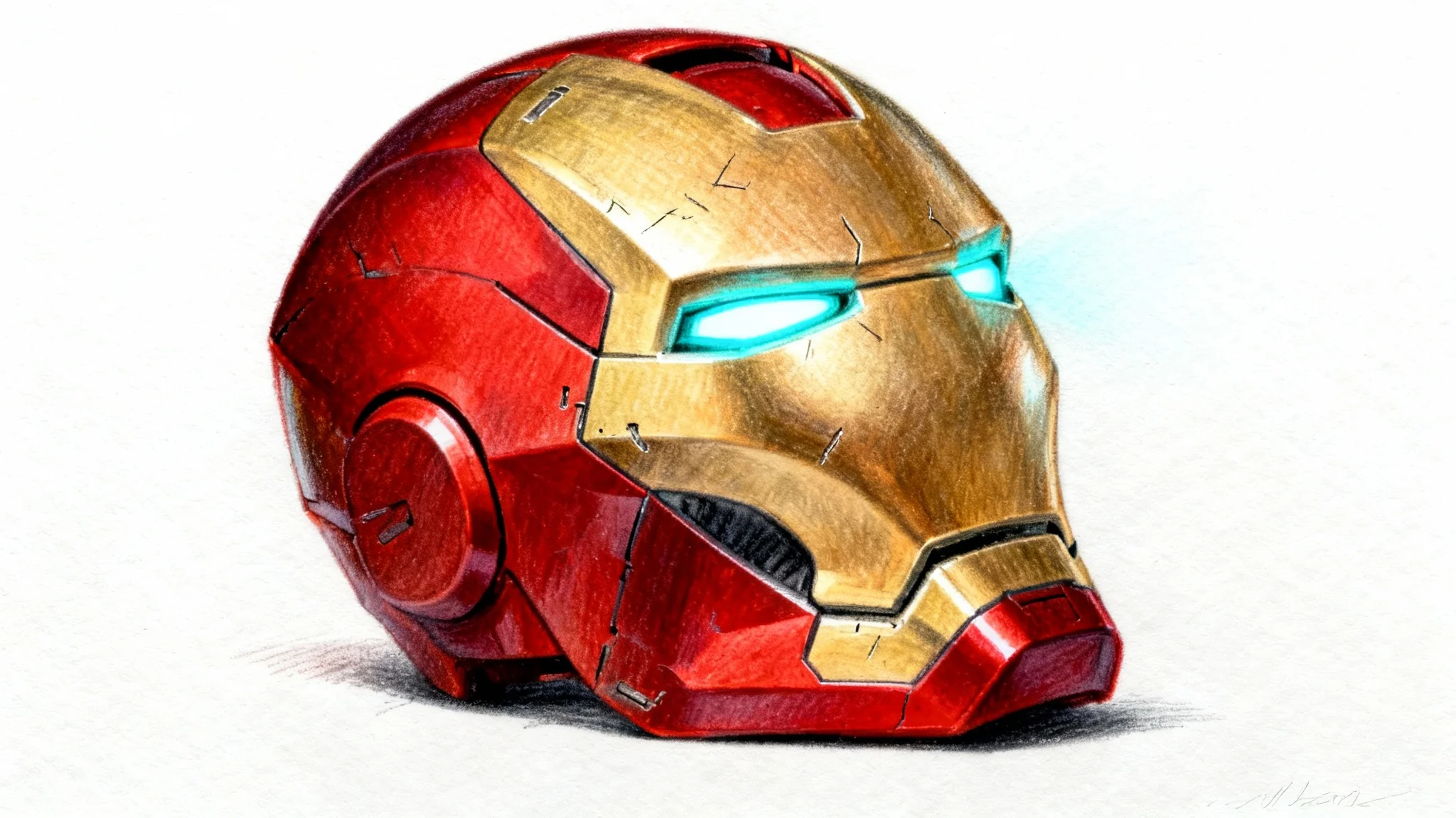 A highly realistic color drawing of the Iron Man mask in red and gold, featuring glowing blue eyes, depicted on a piece of paper against a plain white background.
