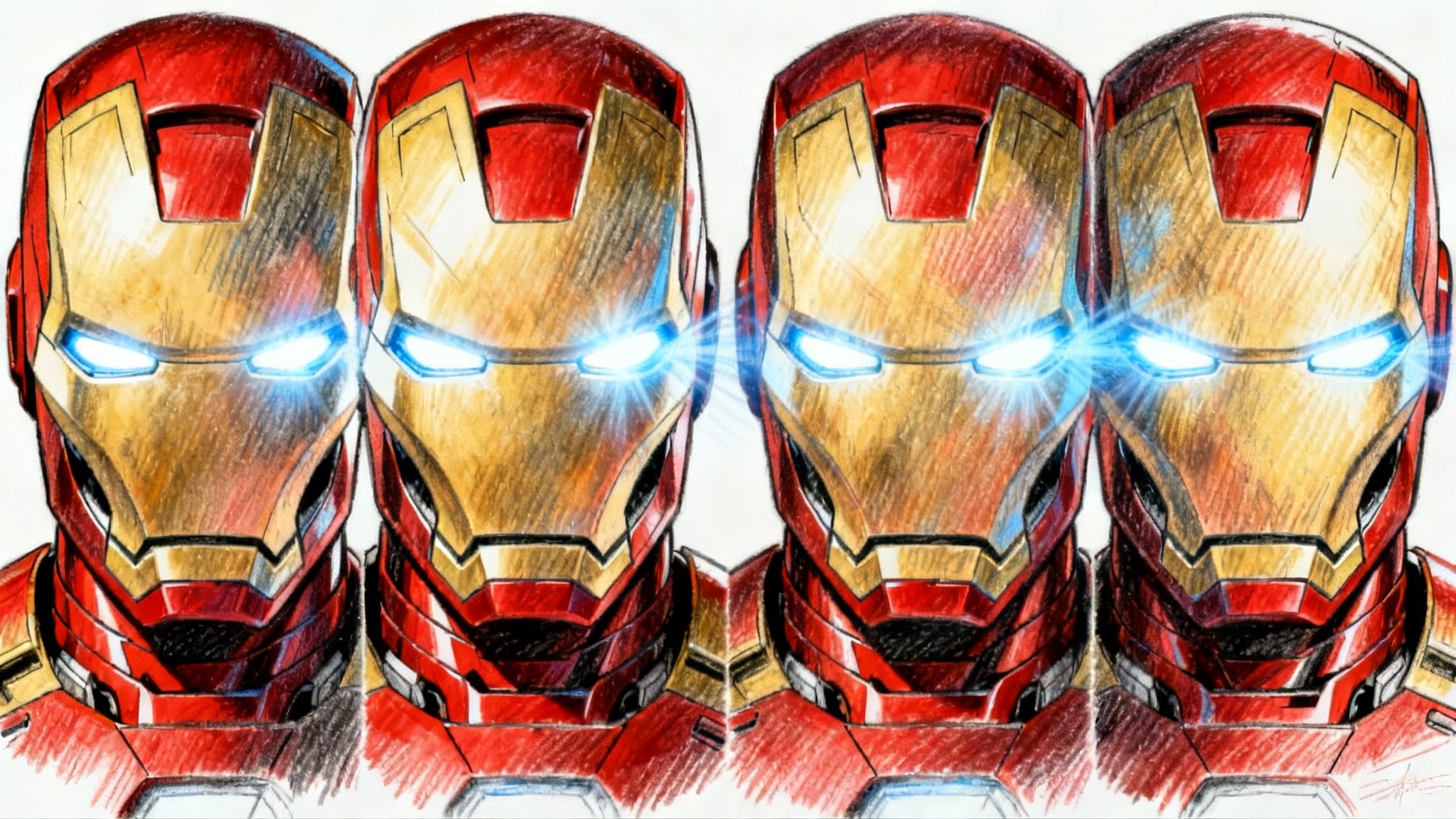 A detailed colored pencil drawing of Iron Man's red and gold mask, with glowing blue eyes, set against a plain white background.