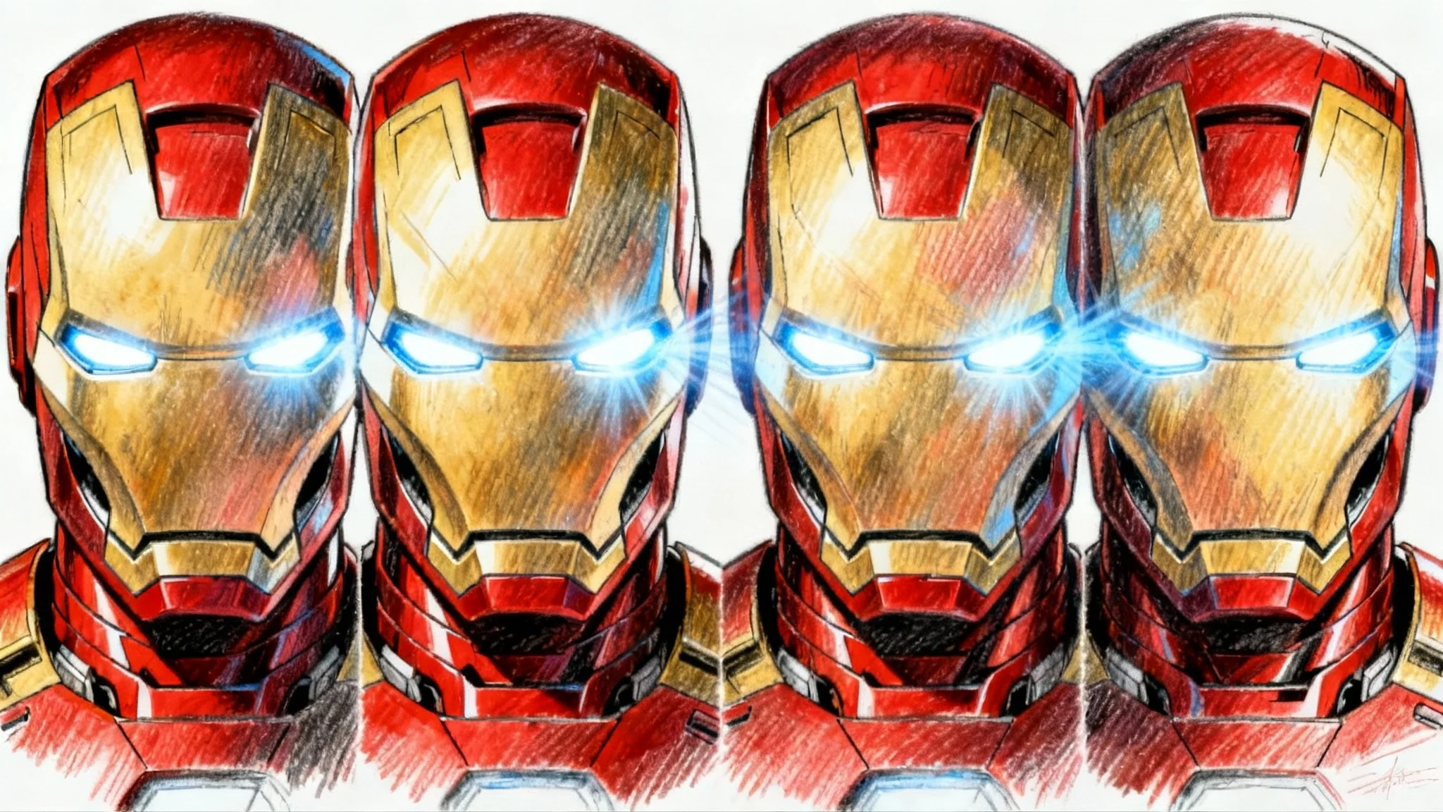 A detailed colored pencil drawing of Iron Man's red and gold mask, with glowing blue eyes, set against a plain white background.