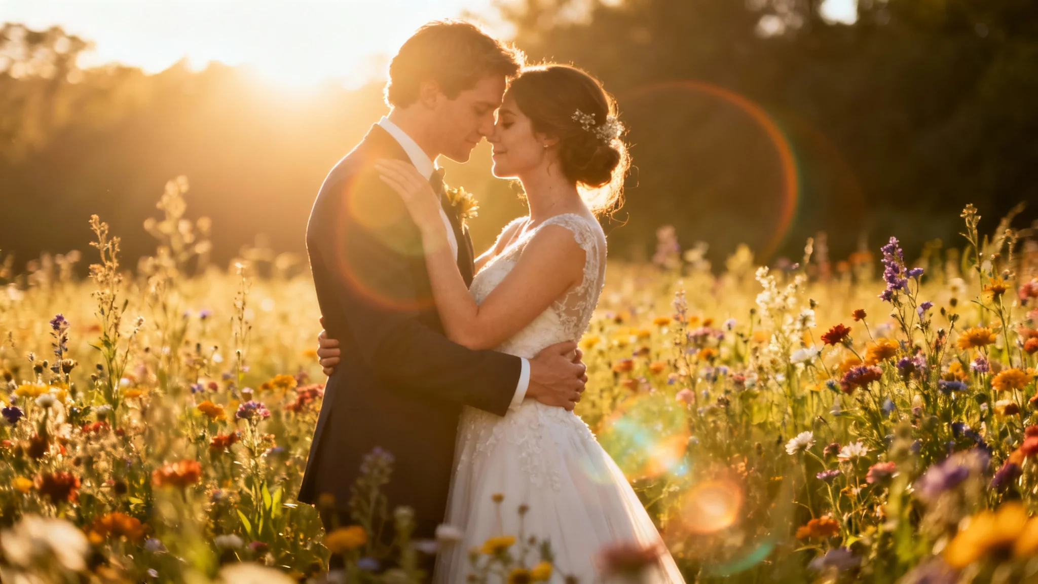A beautifully edited wedding photo showing a newly married couple embracing in a sun-drenched field during golden hour, illustrating the result of a professional photo editor.