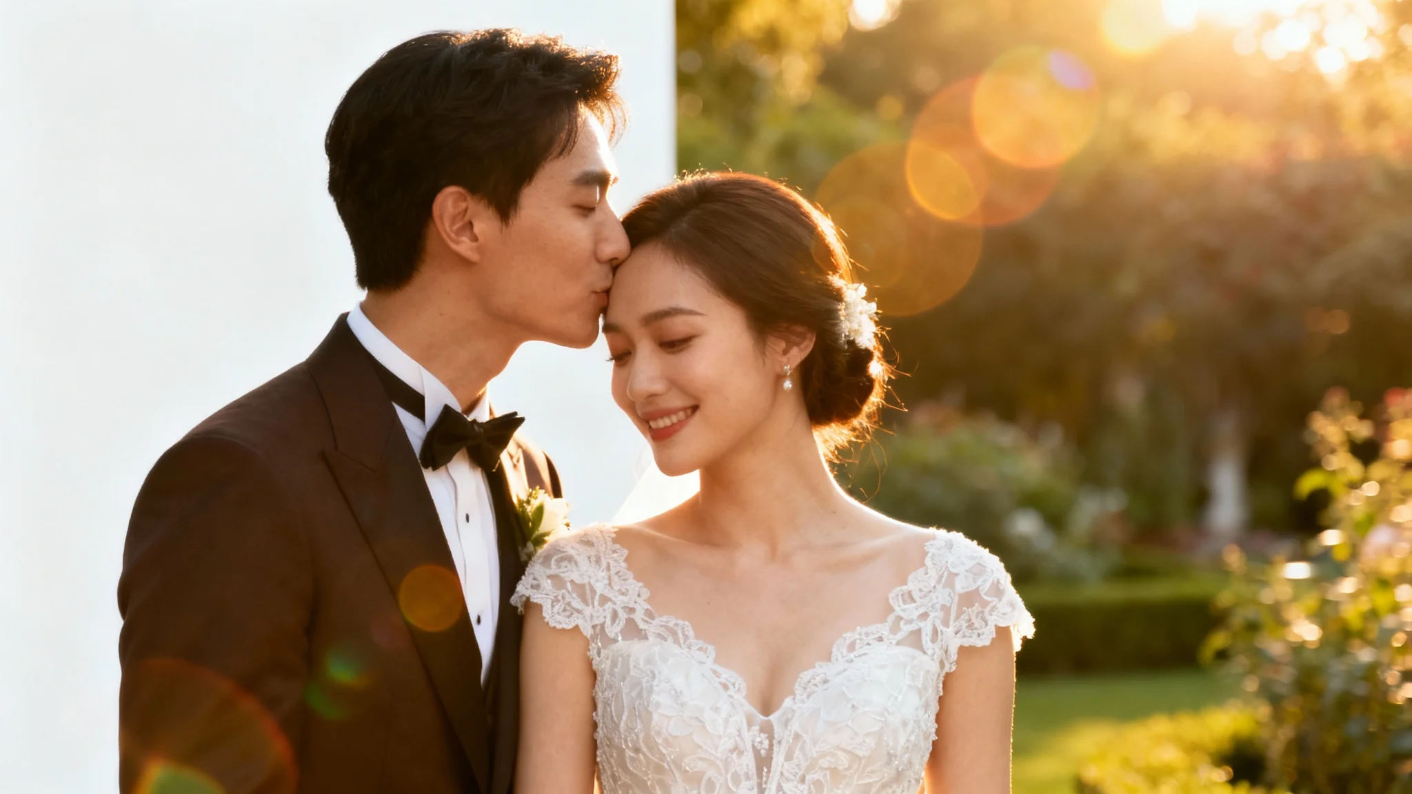 A professionally edited wedding photograph of a groom kissing a bride on the forehead in a sunlit garden, displayed on a white background.