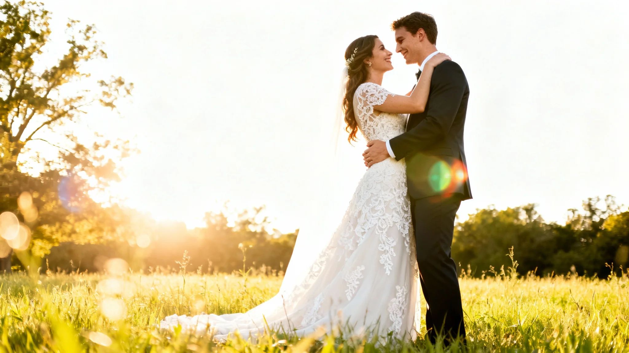 A professionally edited wedding photo of a bride and groom embracing in a sunny meadow, showcasing a romantic and dreamy aesthetic.