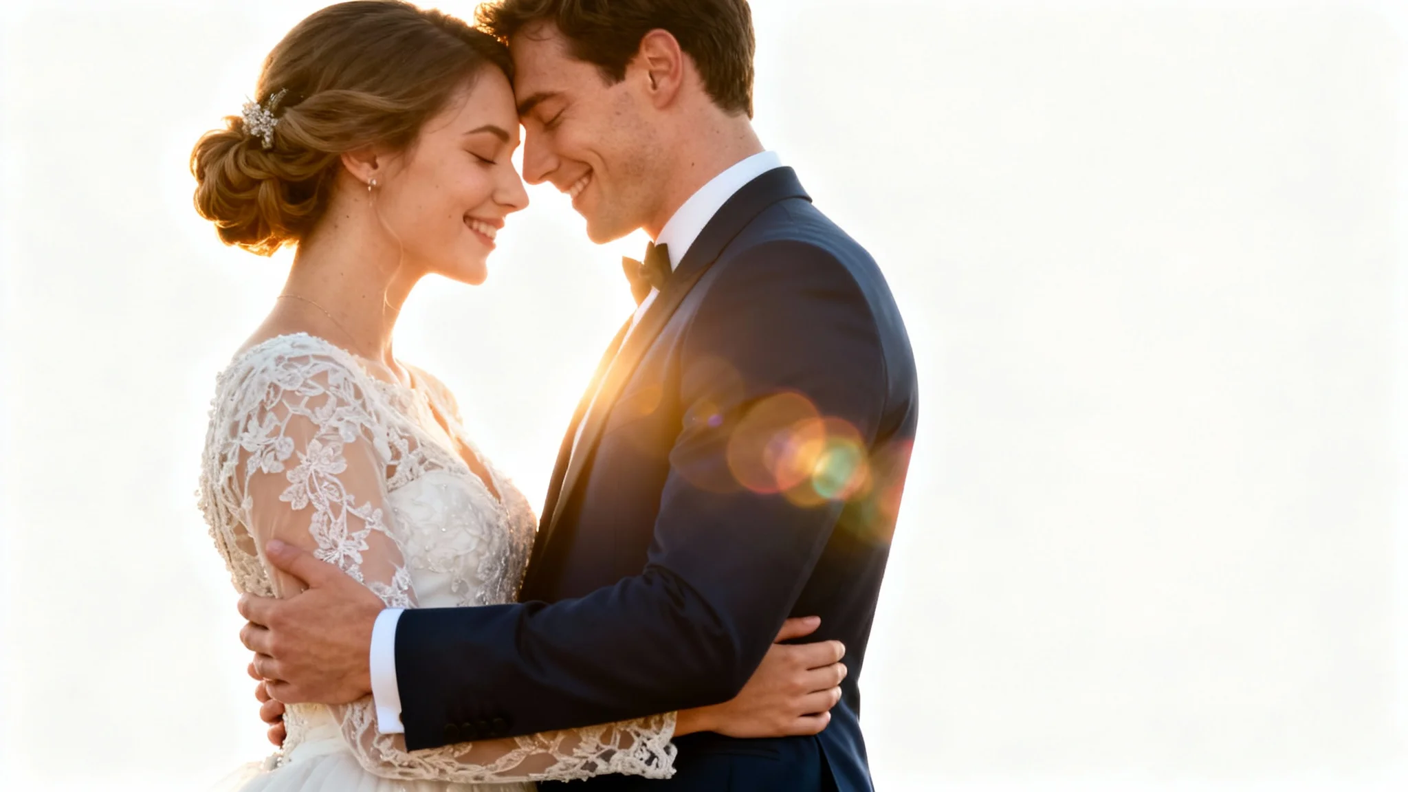 A beautifully edited wedding photo showing a bride and groom in a romantic embrace, bathed in warm, golden sunlight, against a white background.