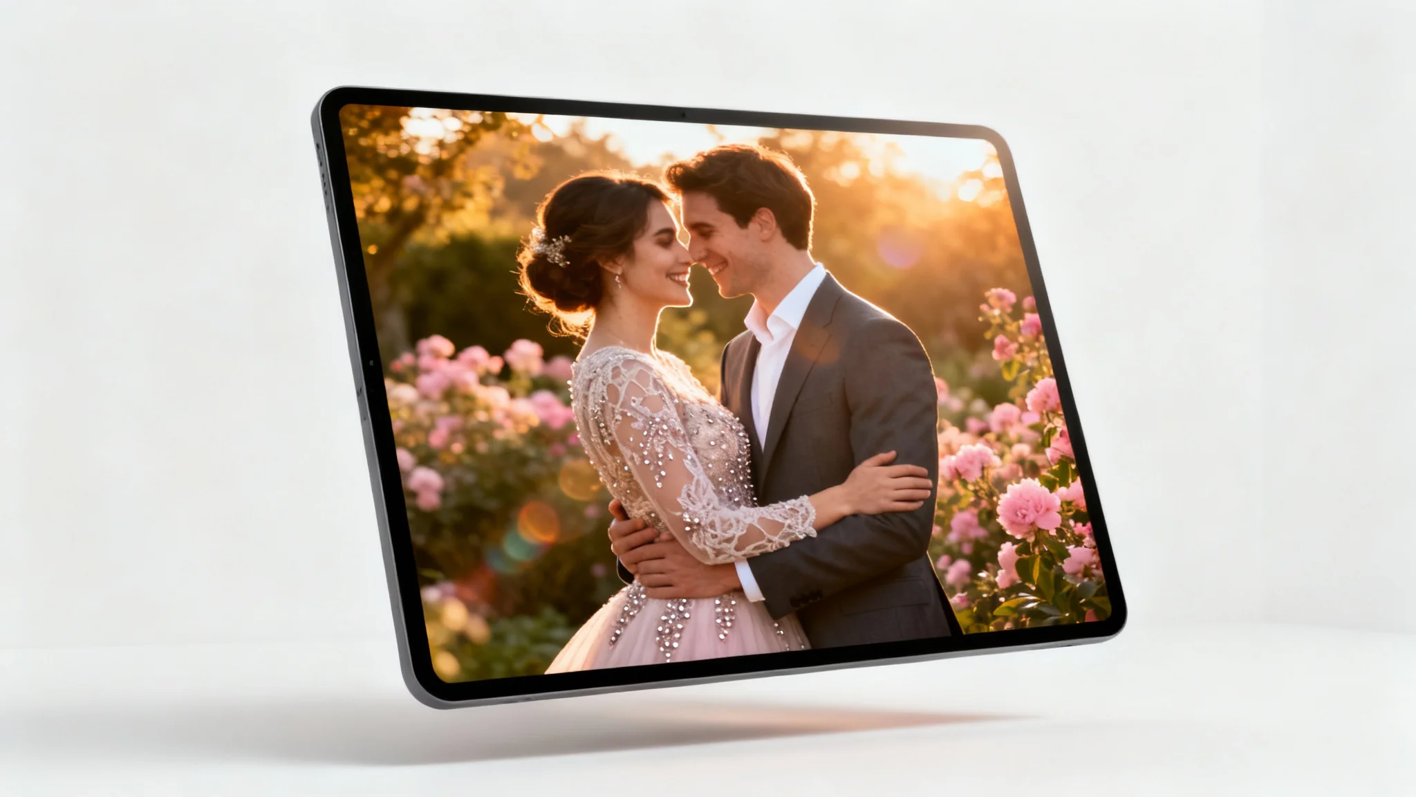 A professionally edited wedding photo of a newly married couple embracing in a garden at sunset, displayed as a mockup against a white background.