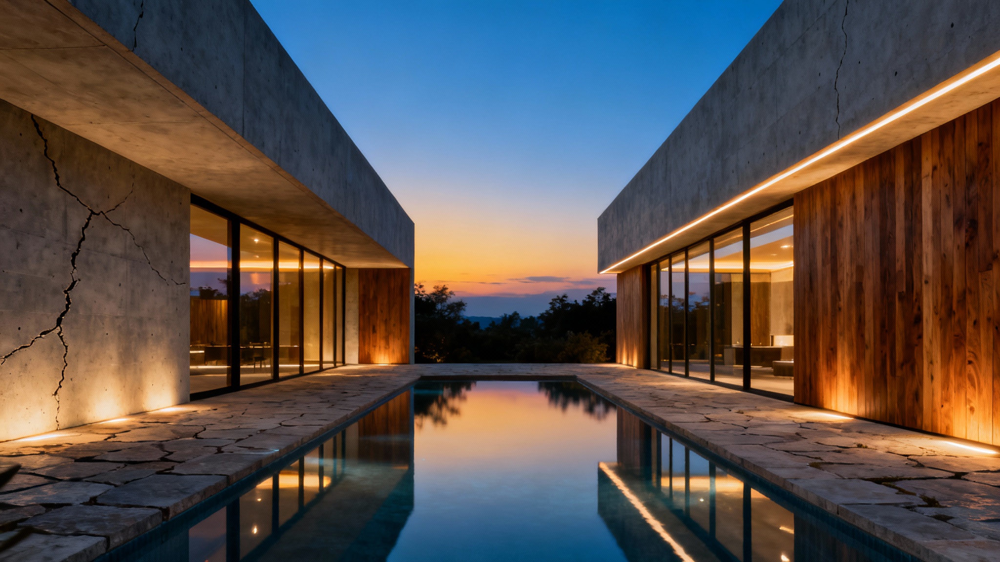 A photorealistic final render of a modern house at twilight. The house features glowing interiors, a sleek design with wood and concrete, and is fronted by an infinity pool reflecting the sky.