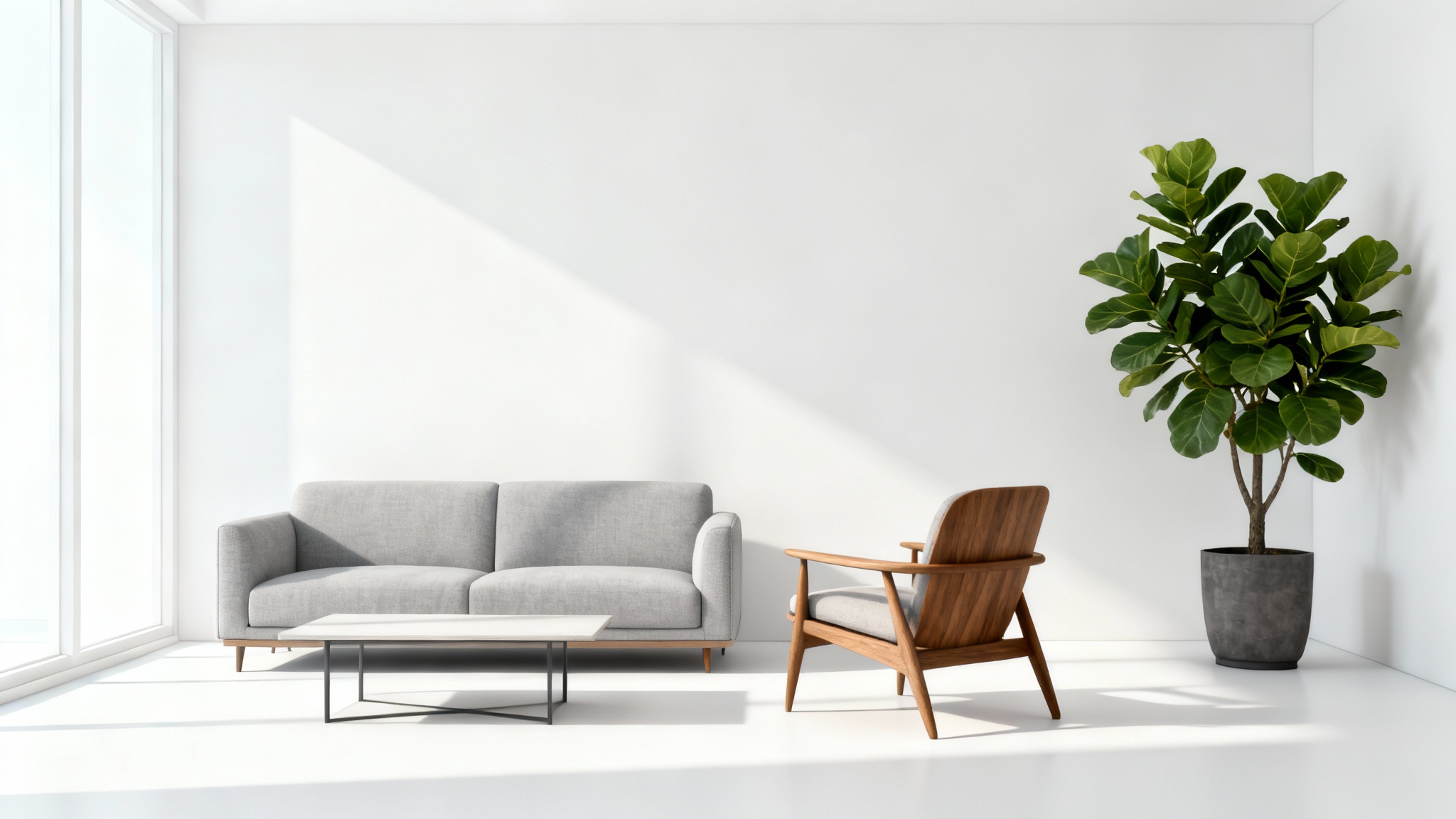 An architectural render in the style of SketchUp, showing a modern, minimalist living room with a sofa and armchair, isolated on a clean white background.