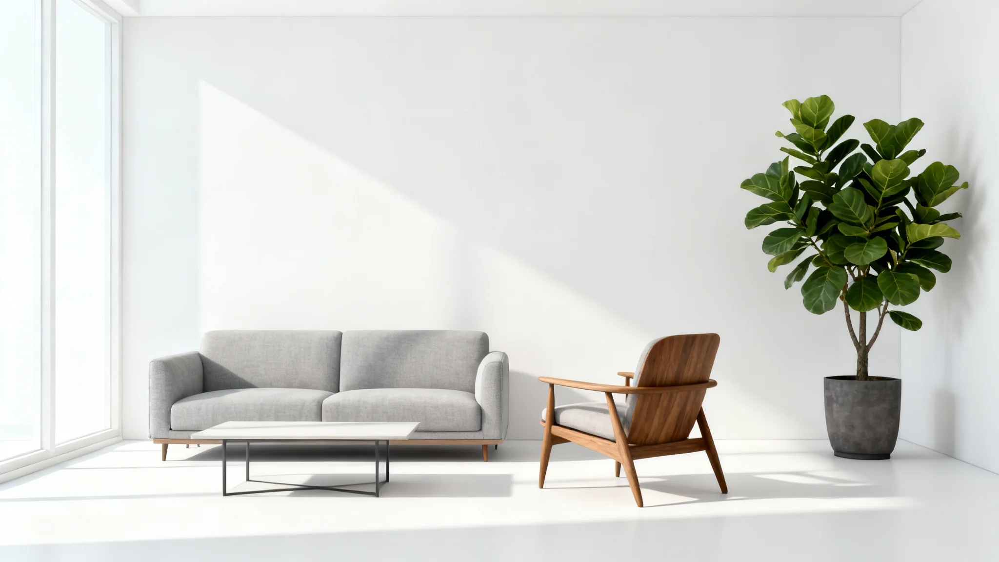 An architectural render in the style of SketchUp, showing a modern, minimalist living room with a sofa and armchair, isolated on a clean white background.