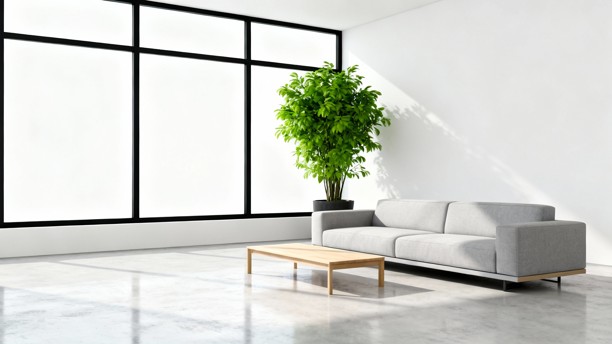 A photorealistic 3D architectural render of a modern, minimalist living room, demonstrating a high-quality SketchUp visualization with natural light and contemporary furniture on a white background.