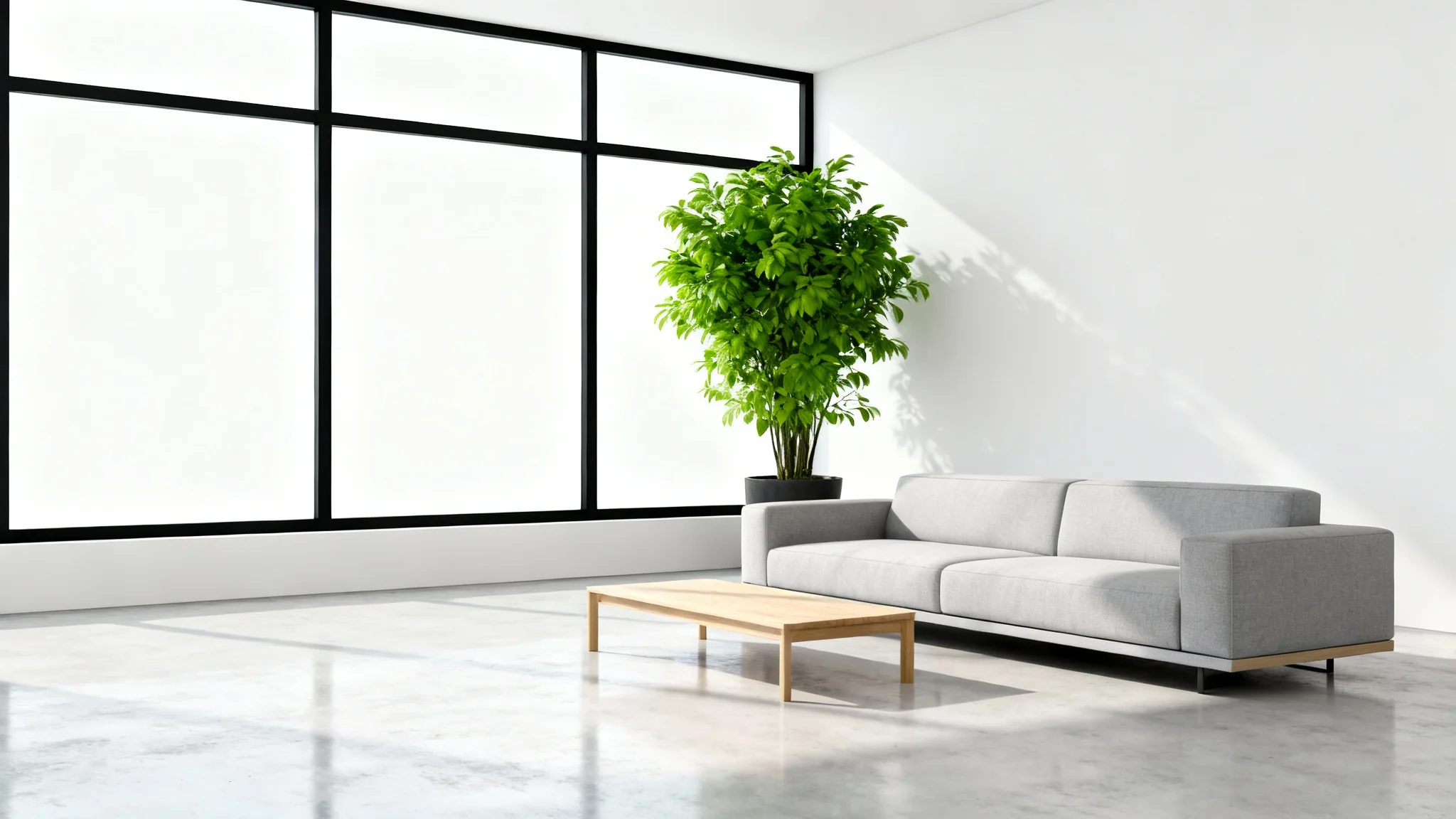 A photorealistic 3D architectural render of a modern, minimalist living room, demonstrating a high-quality SketchUp visualization with natural light and contemporary furniture on a white background.