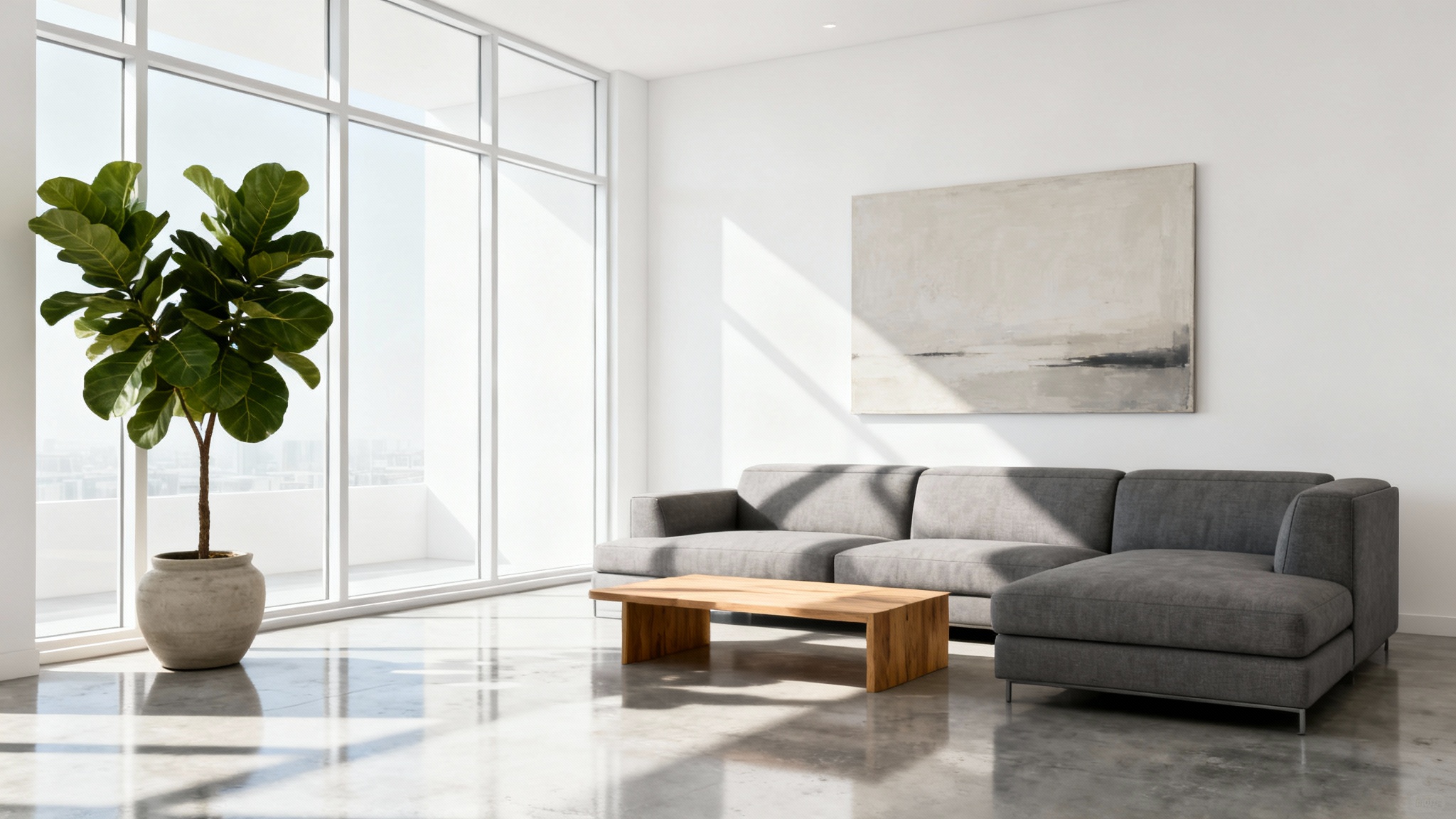 A photorealistic 3D architectural render of a sunlit, modern minimalist living room, presented as a professional mockup against a white background.
