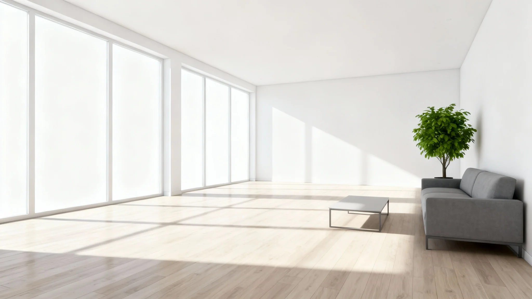 A photorealistic 3D architectural render of a bright, modern living room with minimalist furniture, demonstrating a SketchUp-style visualization, isolated on a white background.