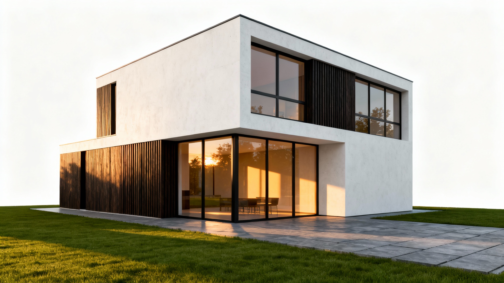 A photorealistic 3D render of a modern two-story house with a minimalist design, featuring concrete, wood, and large glass windows, shown at sunset.