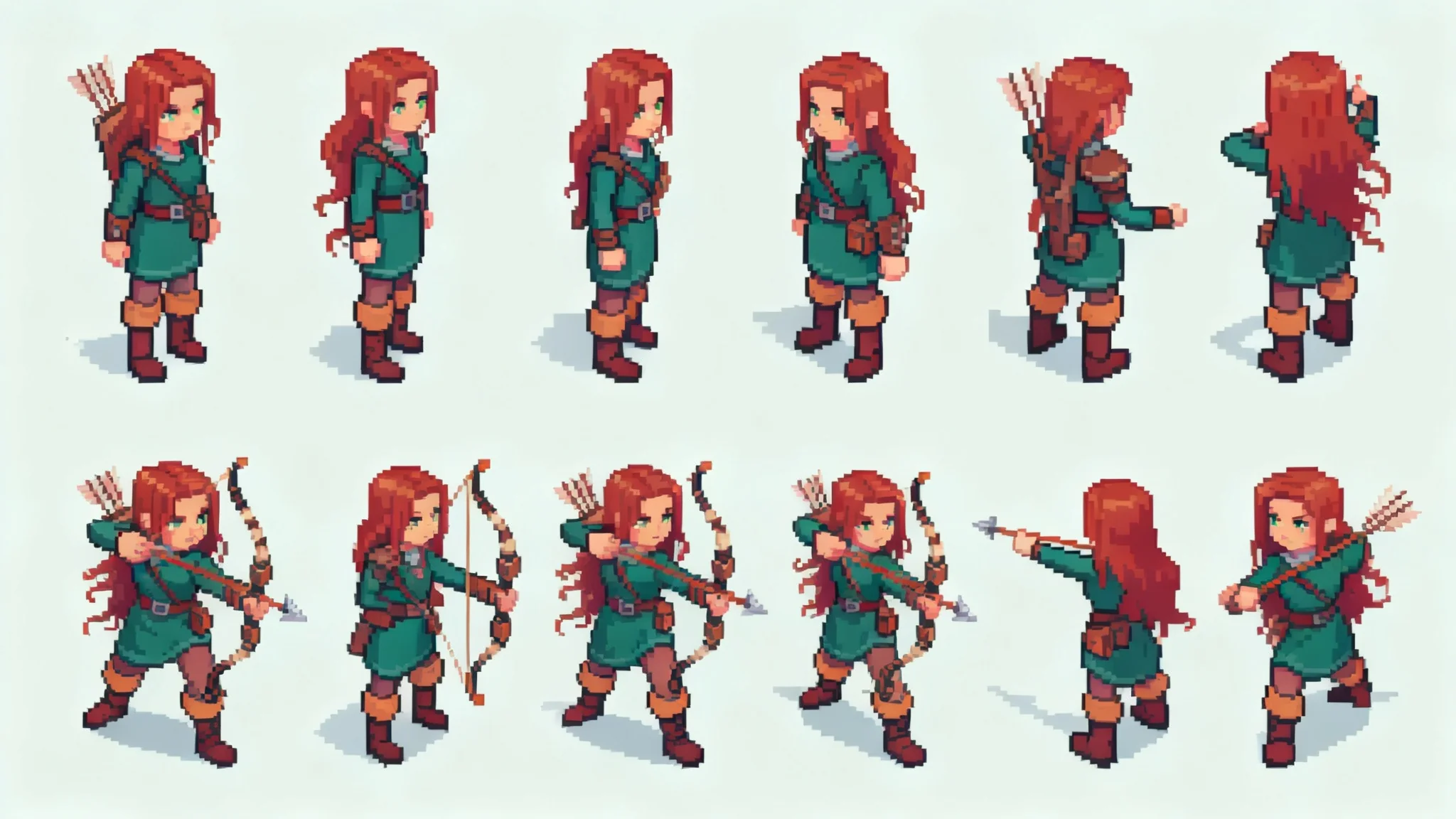 A resulting isometric sprite sheet of a female archer character with red hair and a green tunic. The sheet shows 16 different poses in a grid, including walking and attacking animations, all in a consistent pixel art style.