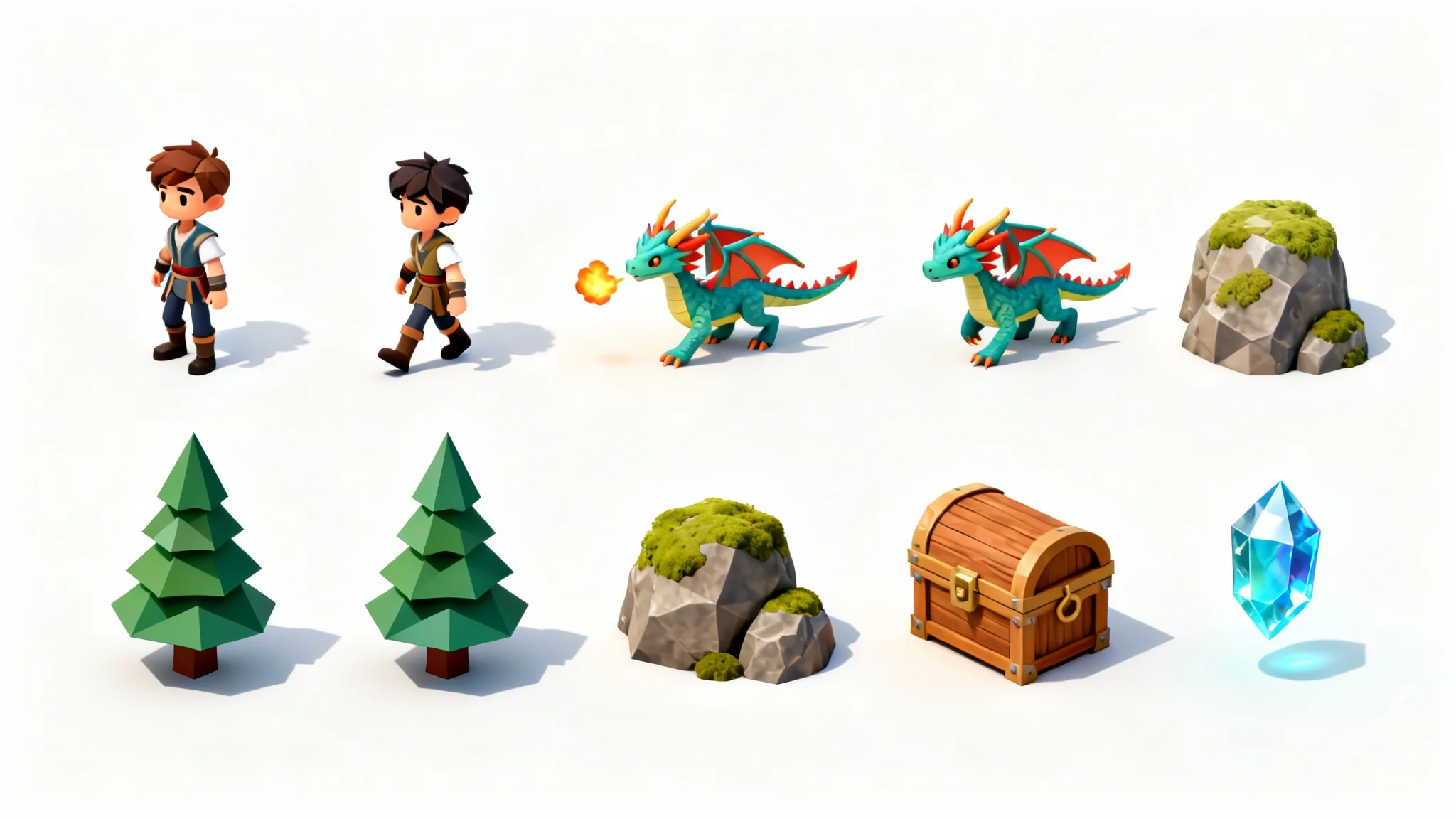 An isometric sprite sheet on a white background, showing a grid of colorful game assets including a small dragon in various poses, a tree, a rock, and a treasure chest.