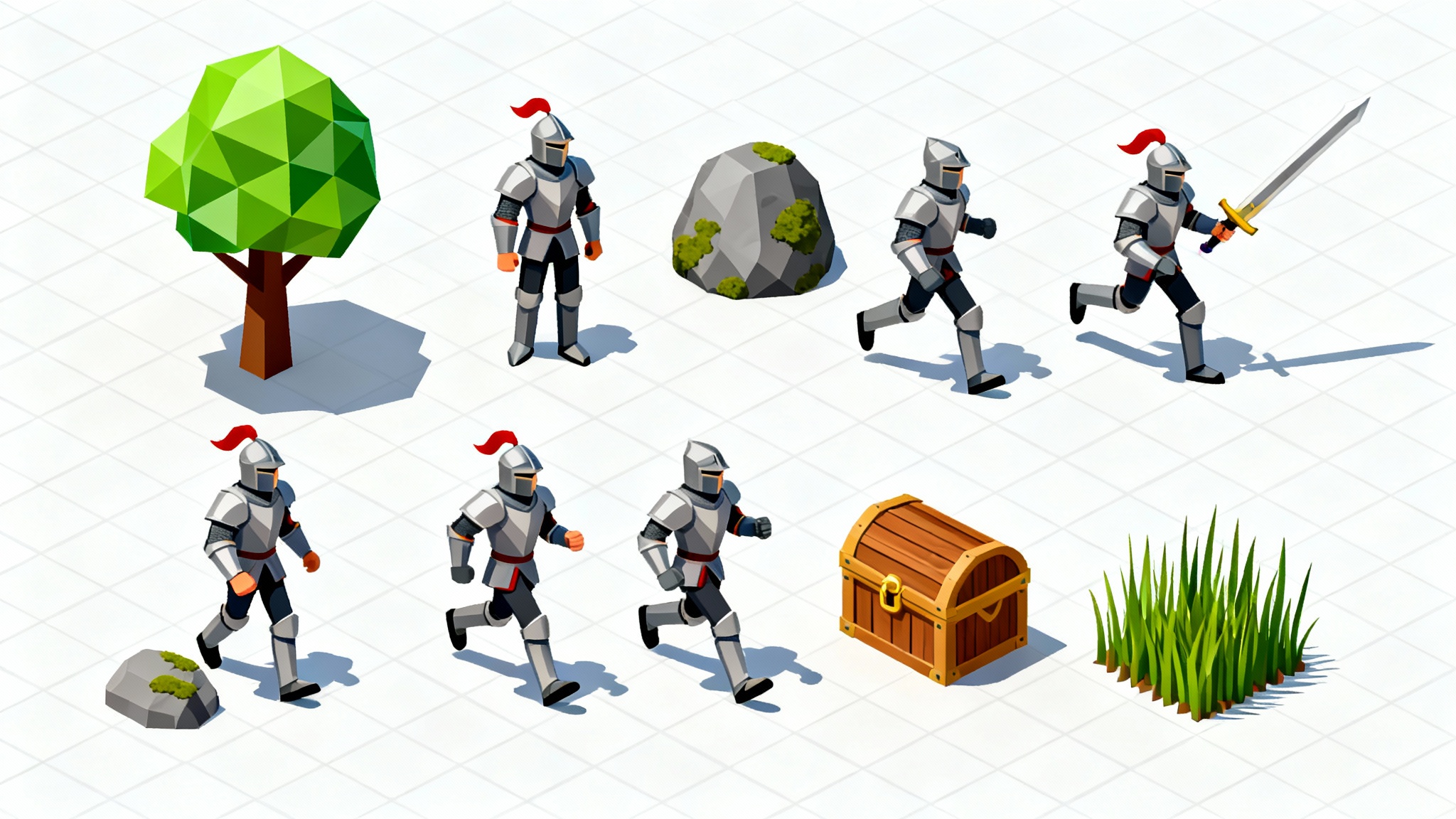 An isometric sprite sheet for a video game displayed on a white background, featuring a knight character in various poses and environmental assets like a tree and a treasure chest.