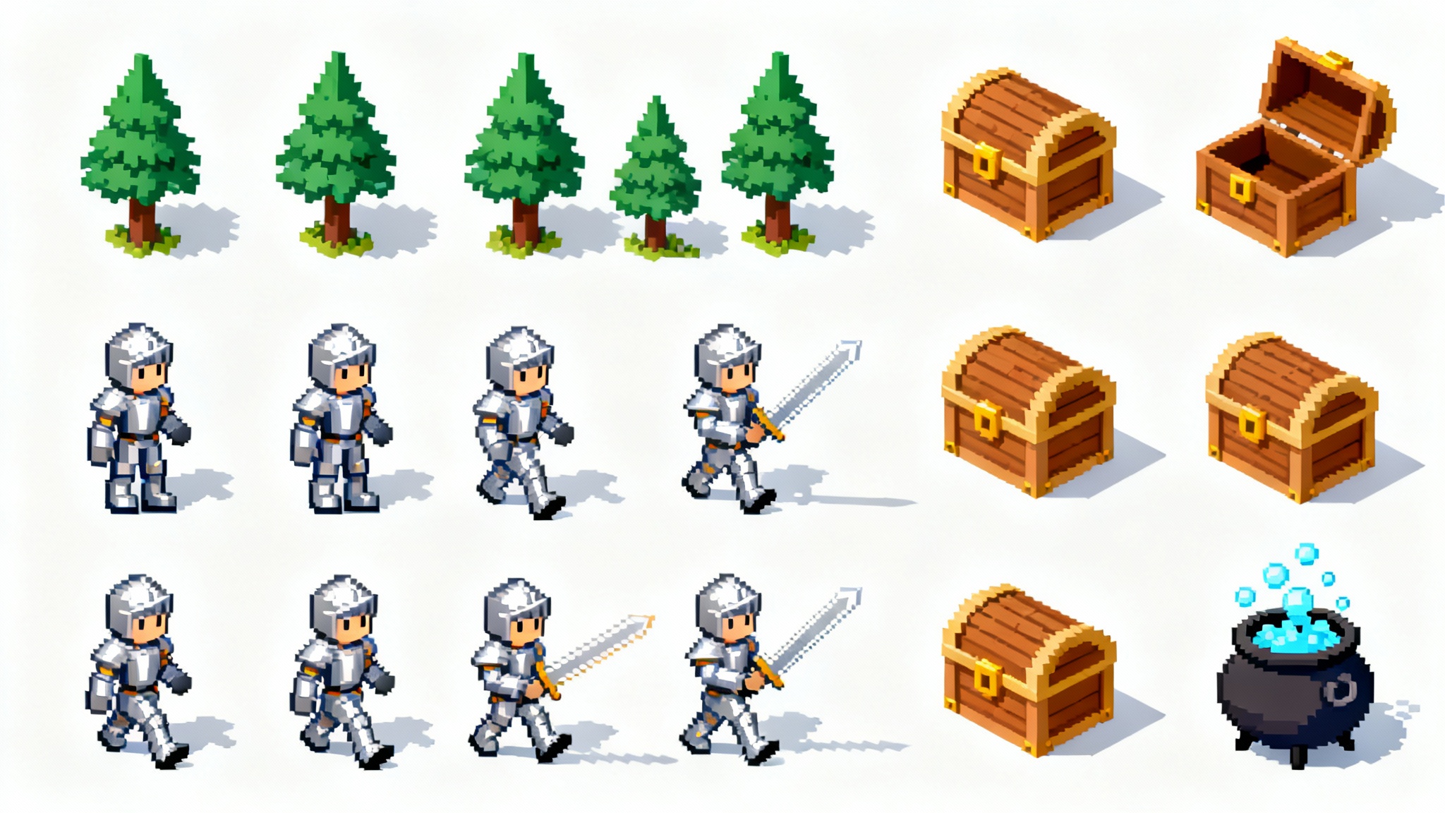 A mockup of an isometric sprite sheet for a video game, showing a grid of pixel art assets including a knight character and various objects, all on a clean white background.