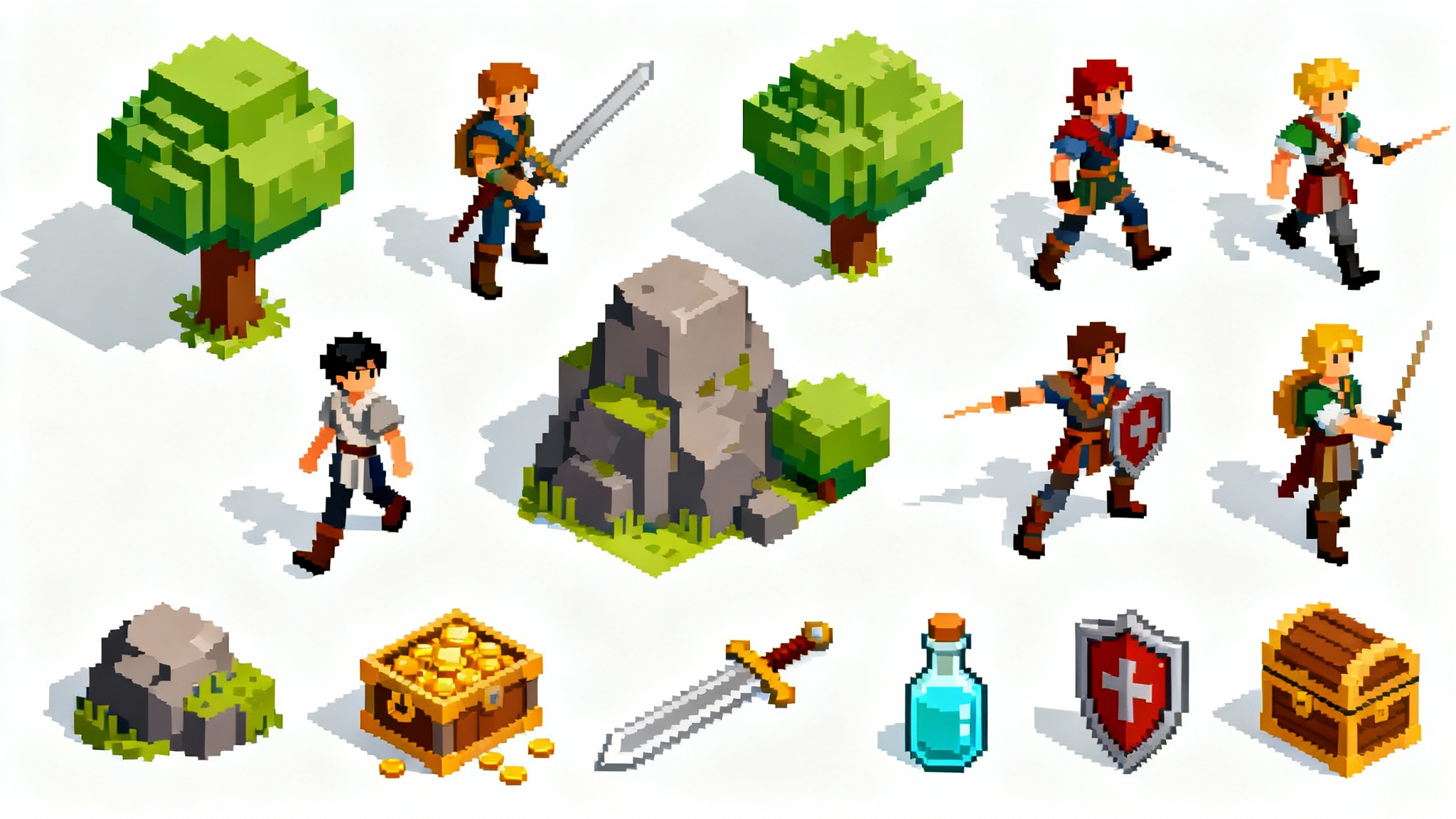 An example of a 2.5D isometric sprite sheet for a fantasy game, displayed on a white background. It features a grid of character animations, environmental objects like trees and chests, and item icons.