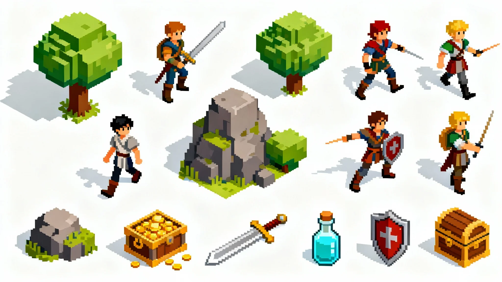 An example of a 2.5D isometric sprite sheet for a fantasy game, displayed on a white background. It features a grid of character animations, environmental objects like trees and chests, and item icons.