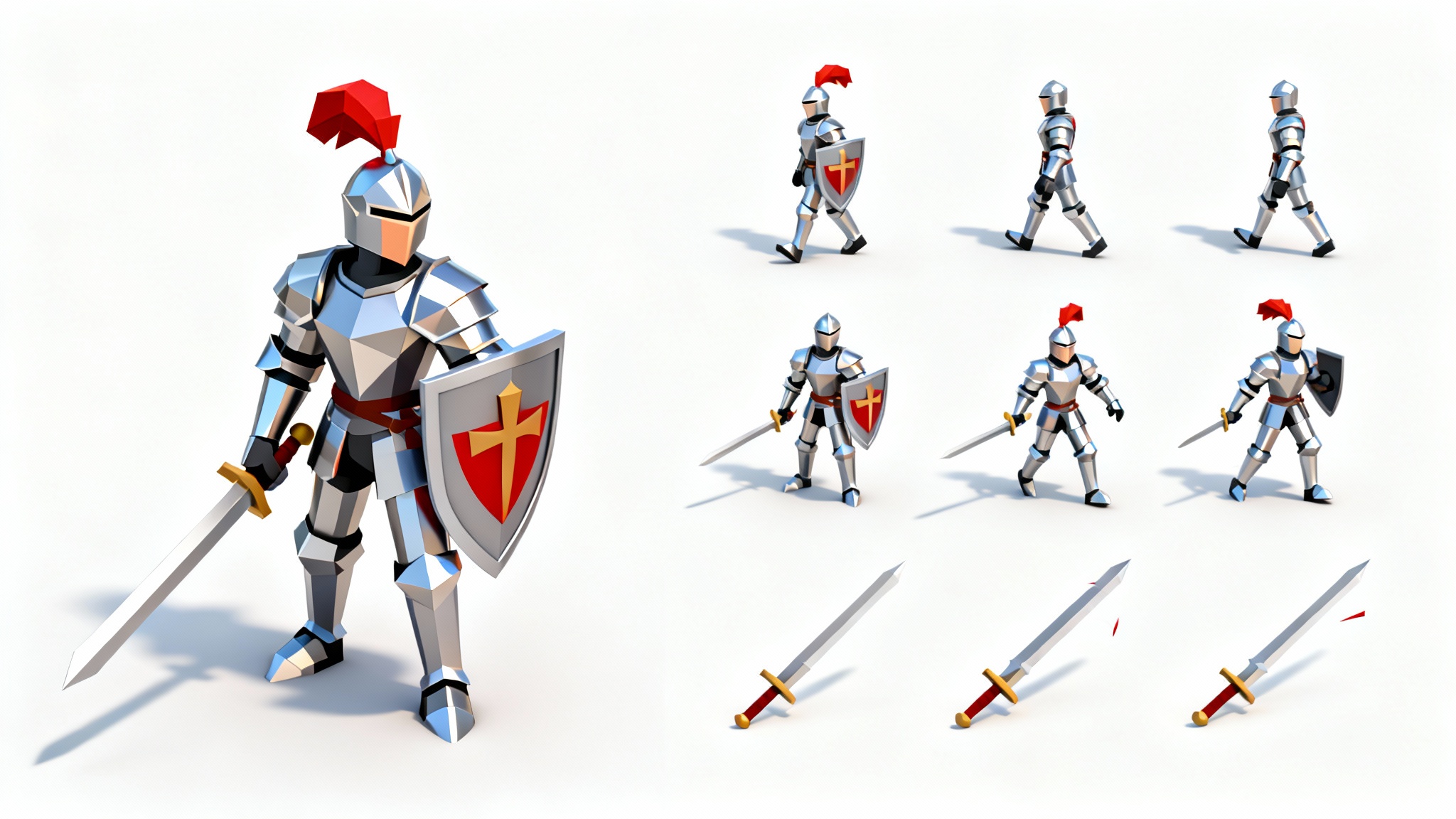 An isometric sprite sheet showing a cartoon knight in various animation poses, including standing, walking, and attacking, arranged in a grid on a white background.