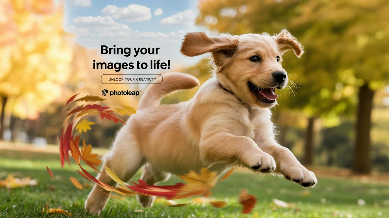 An eye-catching hero image demonstrating an 'add motion' feature. A happy puppy is captured mid-leap against a blue sky, with motion blur effects and swirling leaves conveying movement. At the top, text reads 'Bring Your Images to Life!'.